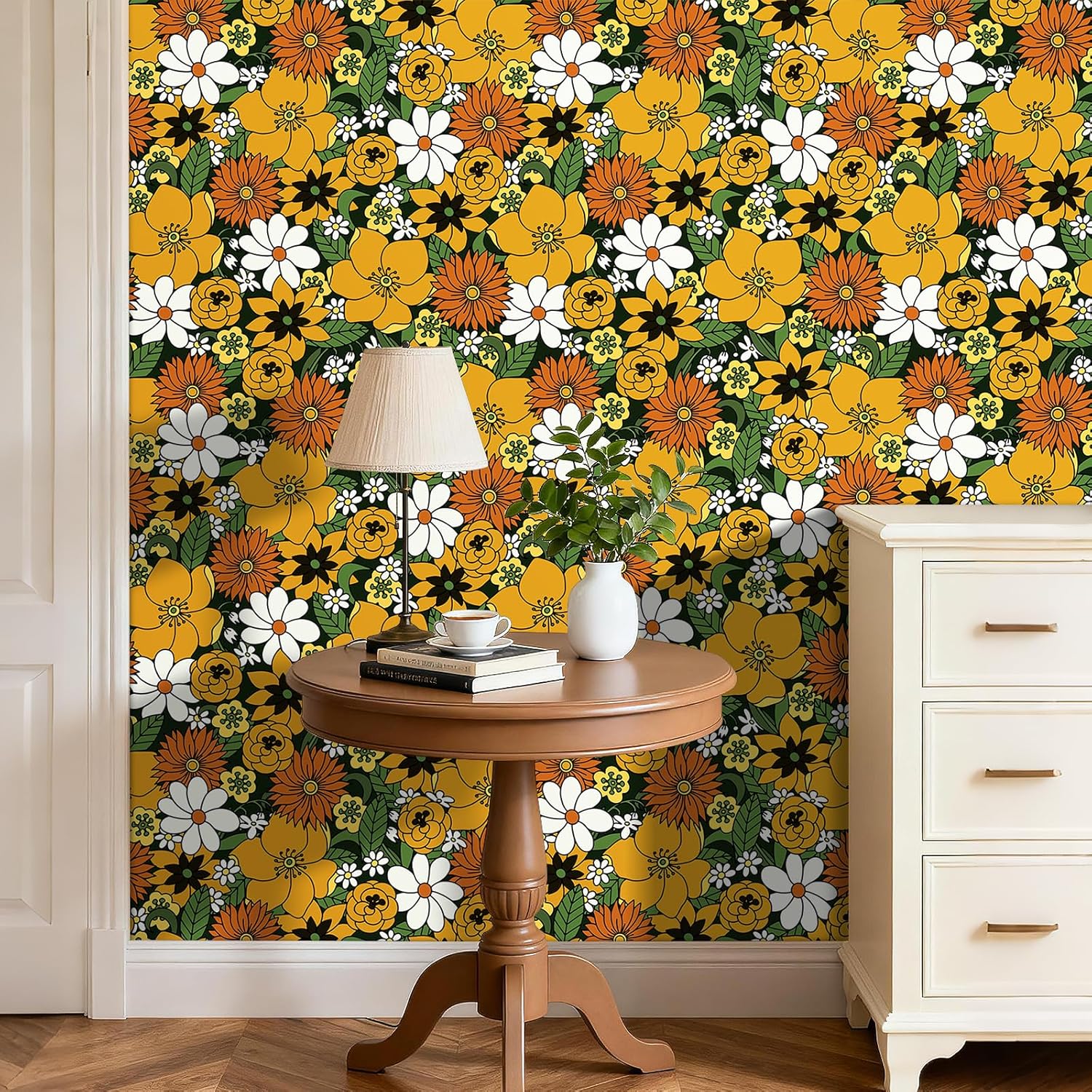 YENHOME Retro Wallpaper Peel and Stick Orange White Red Floral Wallpaper 17.5"x276" 70S Retro Hippie Floral Wall Paper for Bathroom Bedroom Dorm Accent Wall Mural Contact Paper for Cabinets Removable