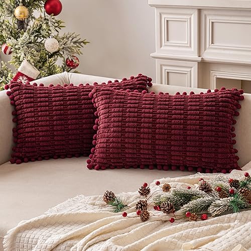 MIULEE Juego de 2 fundas de almohada decorativas de pana blanca crema, con pompones, suaves, bohemias, a rayas, decoración moderna para el hogar,