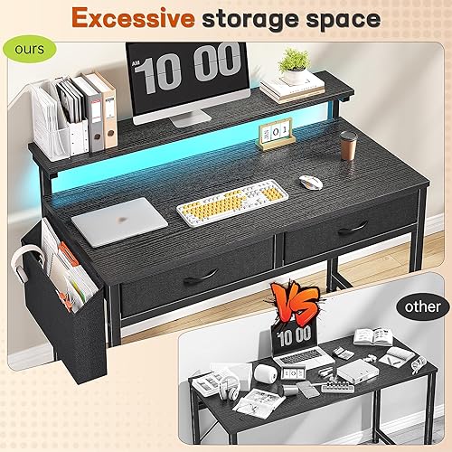 Miniatura 7 de Escritorio de computadora de oficina de 31.5 pulgadas con luces LED y 2 cajones de tela, escritorio para juegos con bolsillo lateral y soporte