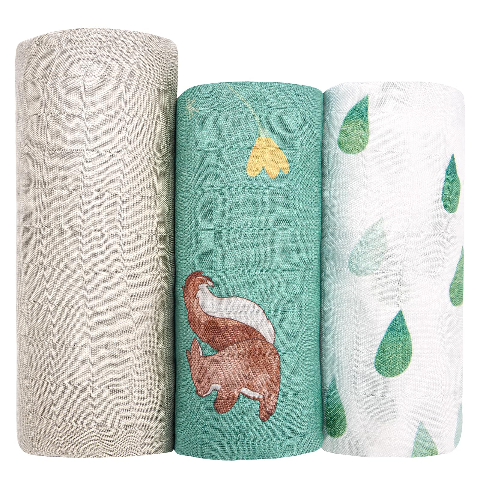 hahaland Mussole Neonato Cotone Bambù 100% Naturale - Set di Copertina Neonato con 1 Pz 120x120cm & 2 Pz 100x95cm - Morbido e Assorbente Swaddle per Neonati