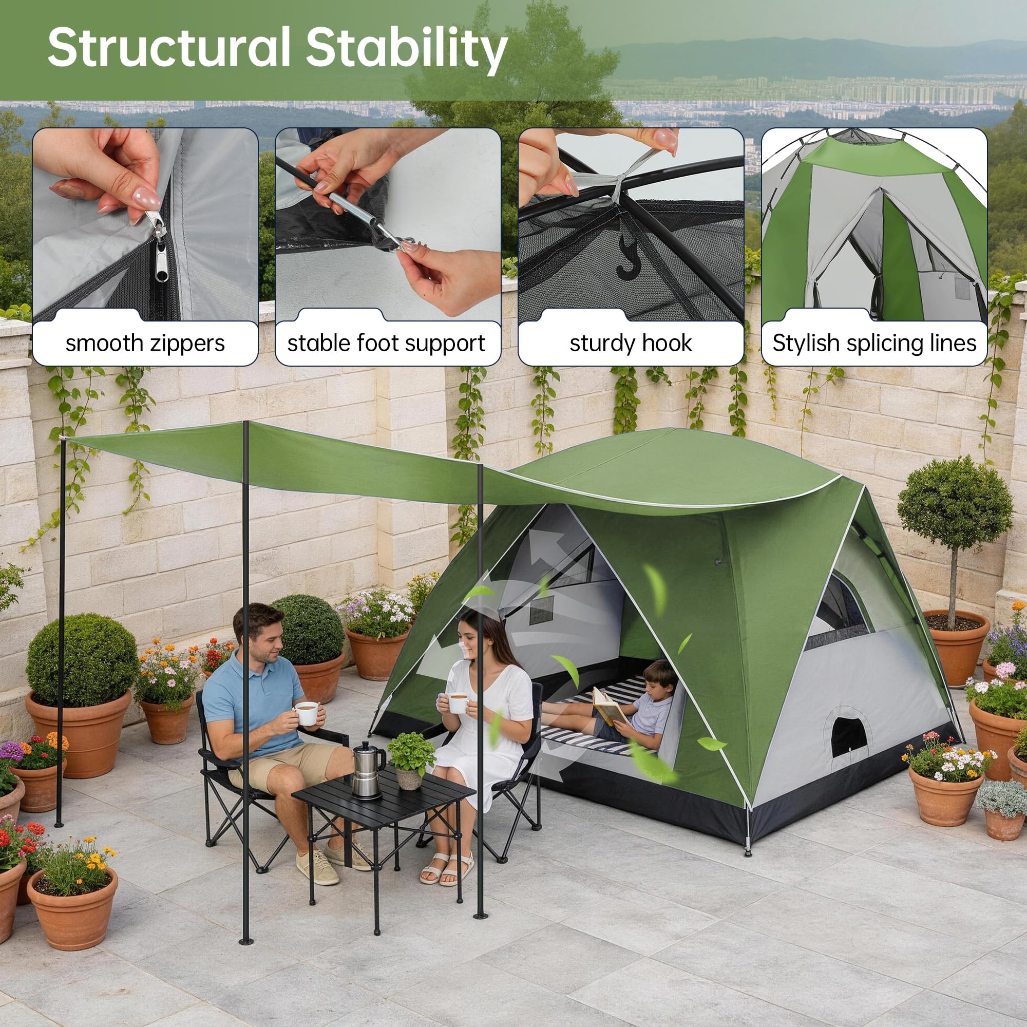 Tente de camping dôme pour 2 à 3 personnes avec salon et auvent – Double couche imperméable à l'eau, légère et facile à installer, sac de transport portable pour la randonnée, 210 x (210 + 150 cm) x