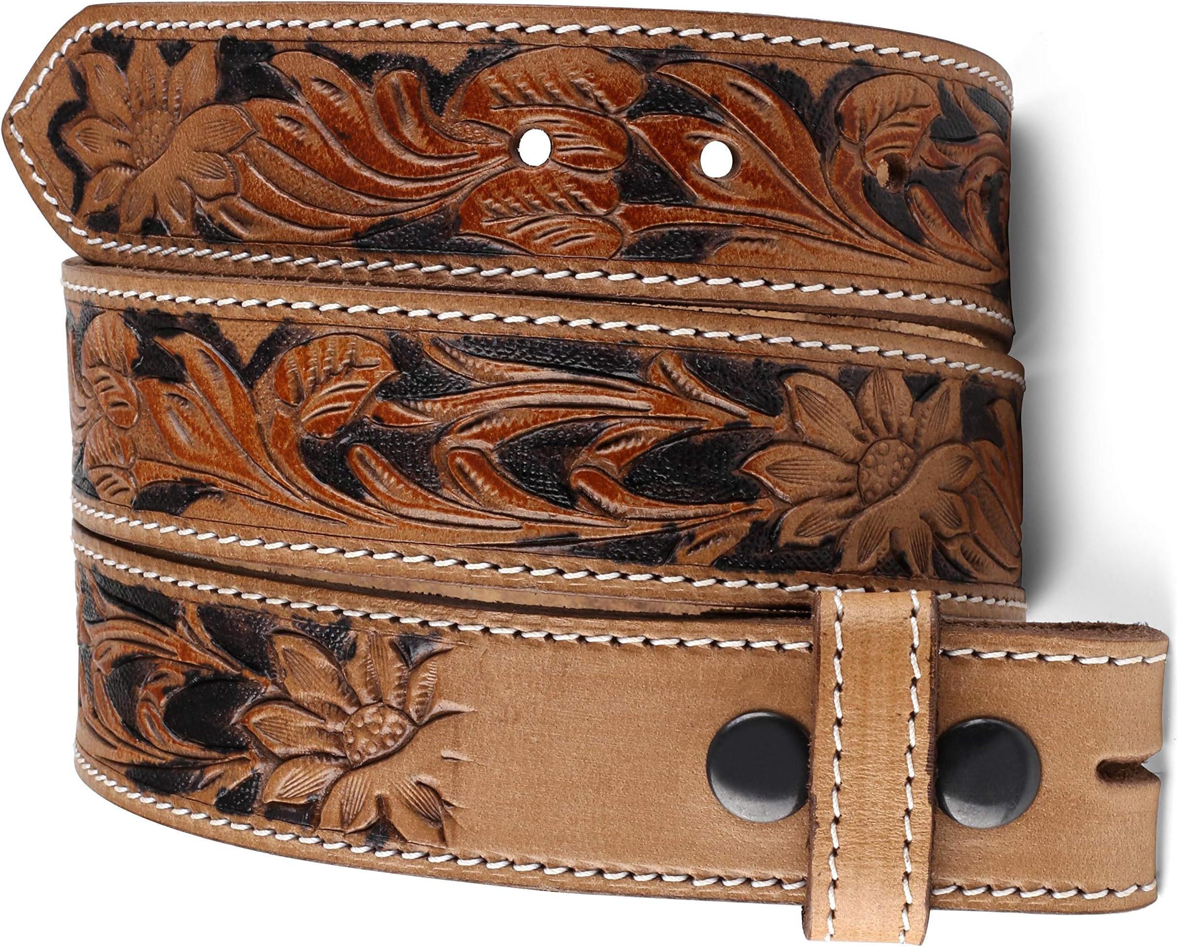 F&L CLASSICBelt for buckle Western Leather Engraved Tooled Strap w/Snaps for Interchangeable Buckles,