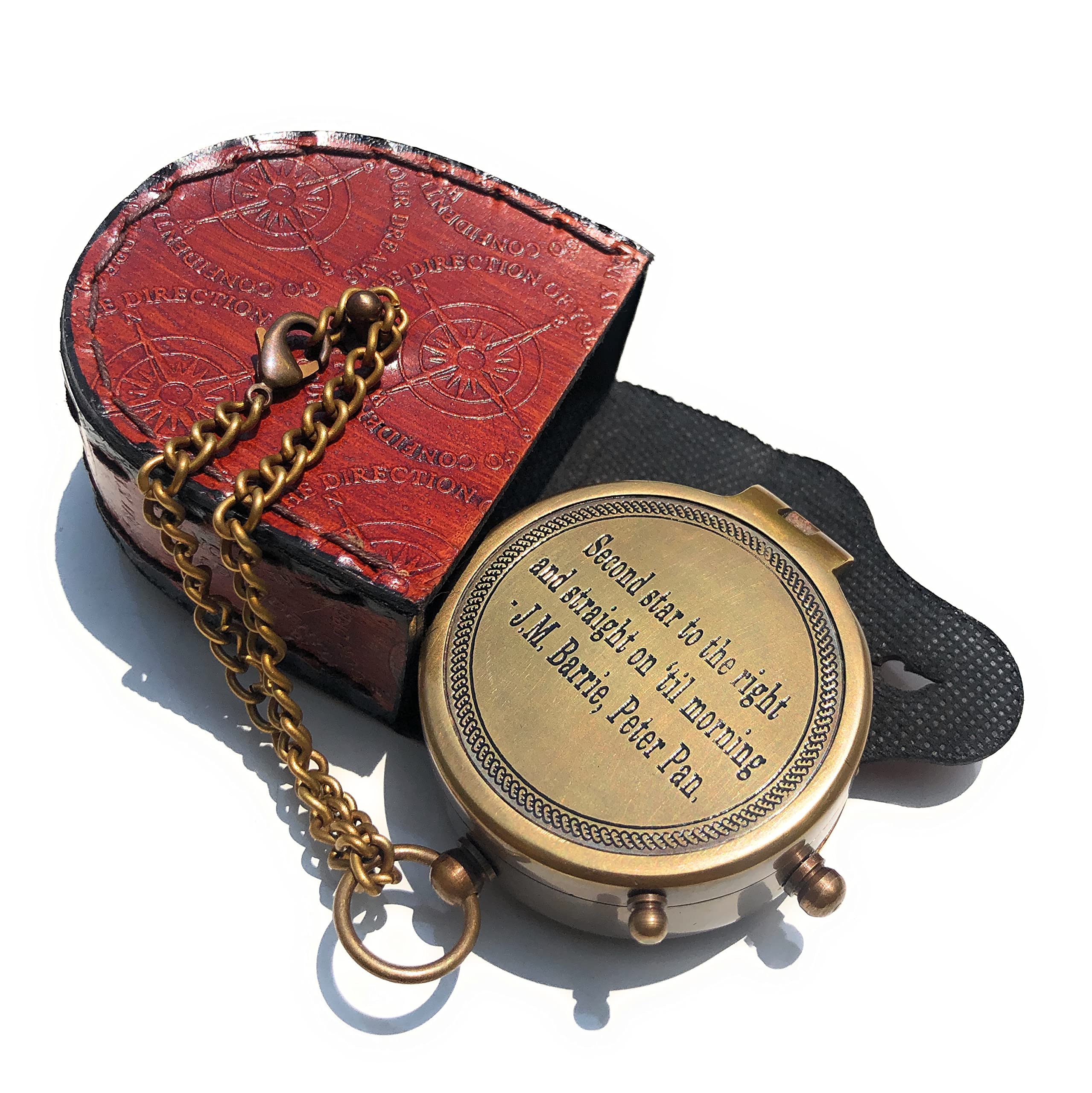 Second Star to The Right J. M. Barrie, Peter Pan Engraved Brass Compass Directional Compass Magnetic Pocket Personalized Gift for Camping, Hiking and Touring