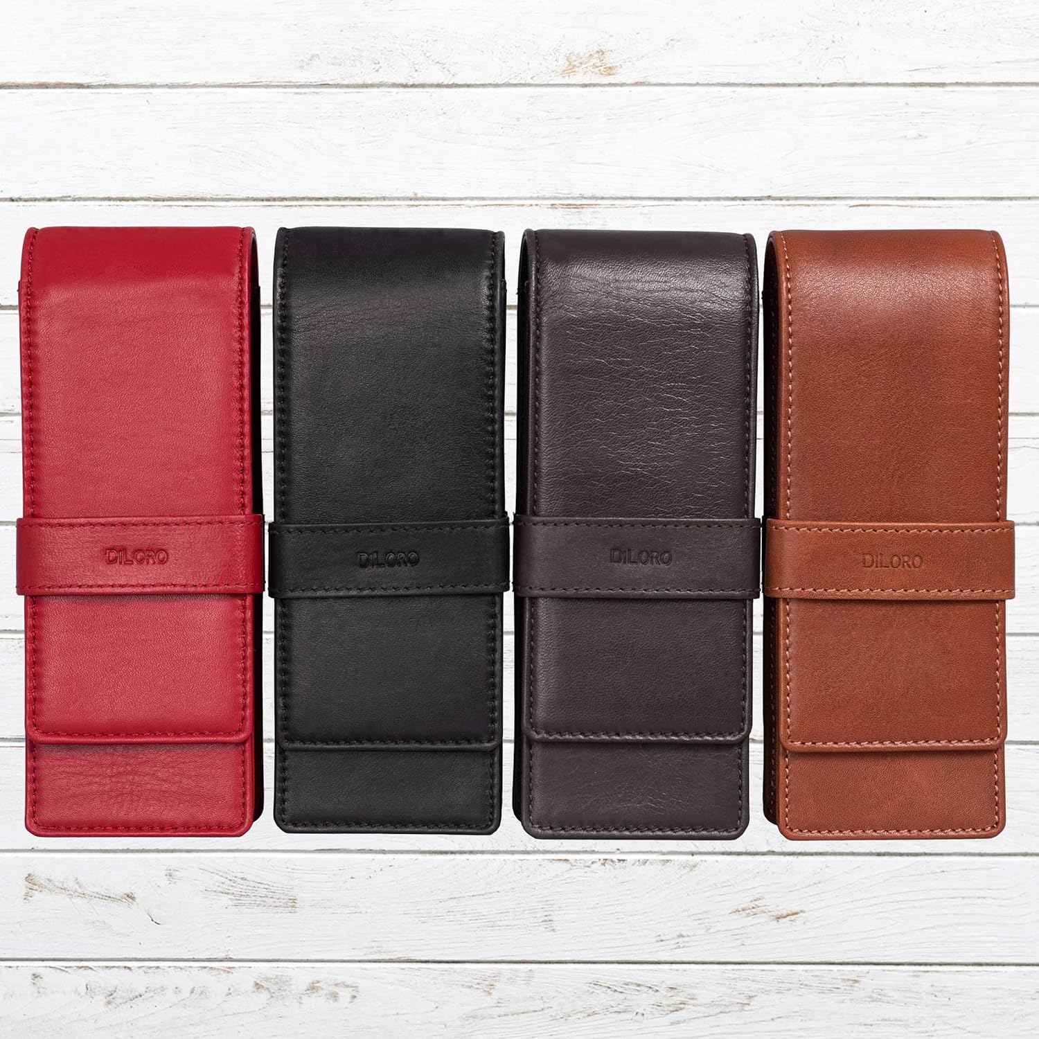 DiLoro Leather Triple Pen Case Pencil Pouch Holder for Three Fountain Ballpoint Rollerball Pens and Pencils