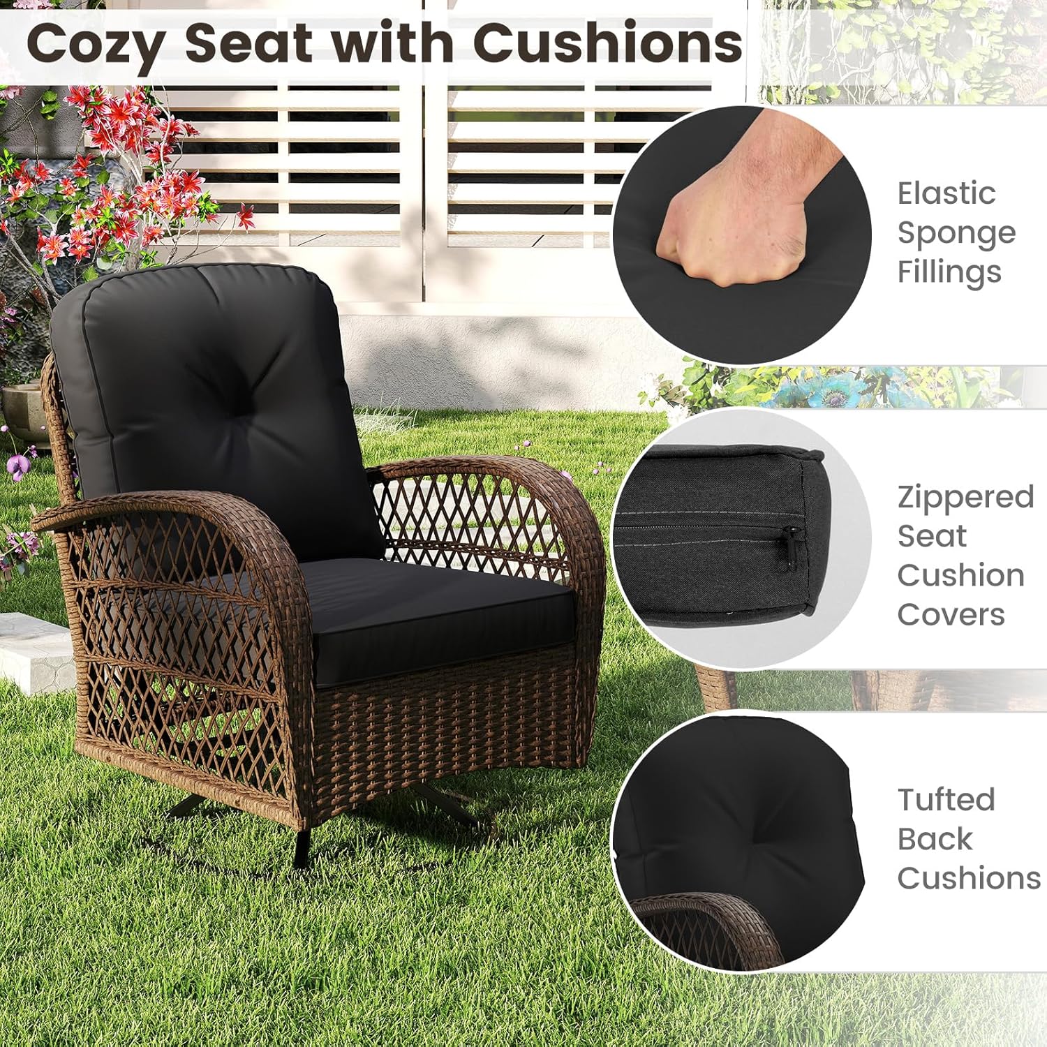 ORALNER 3 Pieces Wicker 360° Swivel Rocker Set Patio Furniture, Rocking Chairs with Cushions, Tempered Glass Coffee Table, Outdoor Rattan Bistro Set for Balcony Front Porch Deck Poolside (Black)