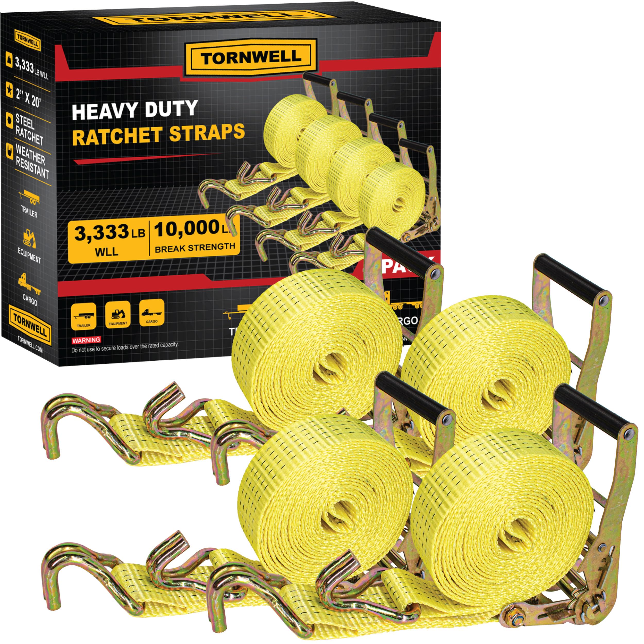 Photo 1 of ***1 IS MISSING***TORNWELL 4-Pack 2" x 20' Heavy Duty Ratchet Straps | J Hooks | Comfort Handles | 10,000 lb Break Strength | Ratcheting Tie Down Cargo Straps for Trucks and Trailers***1 IS MISSING***