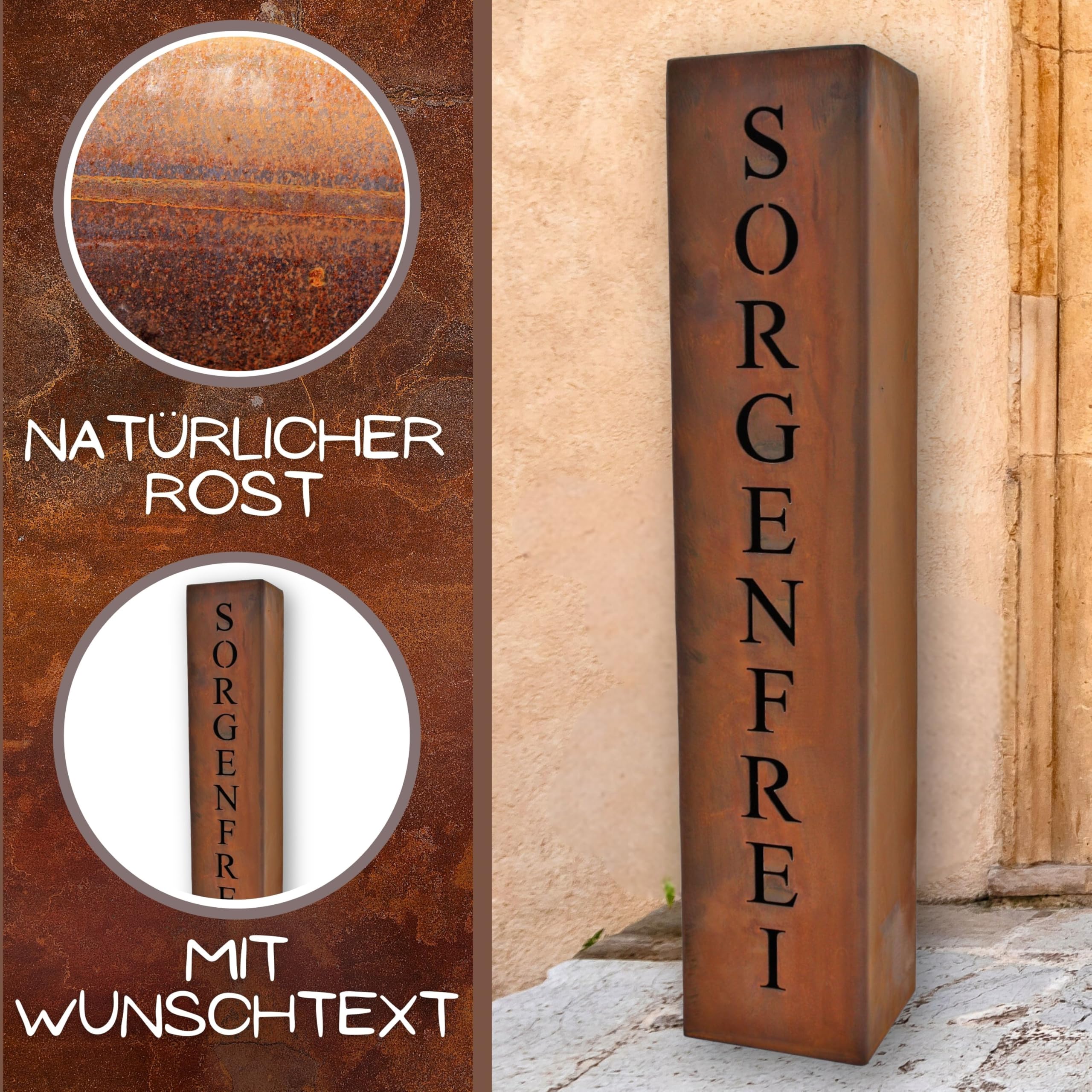 Rostikal Cortenstahl Säule 100 cm – Personalisierte Rostdeko mit Wunschname – Robuste Metall Stele für Garten, Haus & Eingangsbereich – Edelrost-Dekosäule
