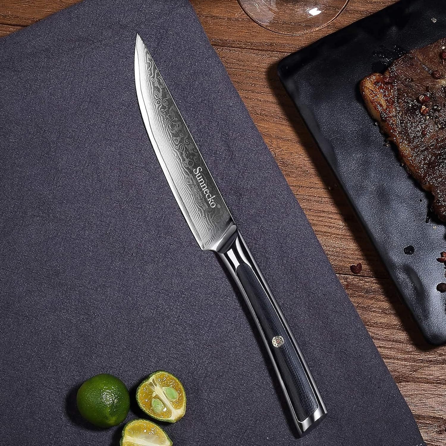 Sunnecko Couteau à Steak Japonais Professionnel 13cm, Couteau de Table en Acier Damas 73 Couches Poignée G10, Couteau de Cuisine Multifonction à Viande