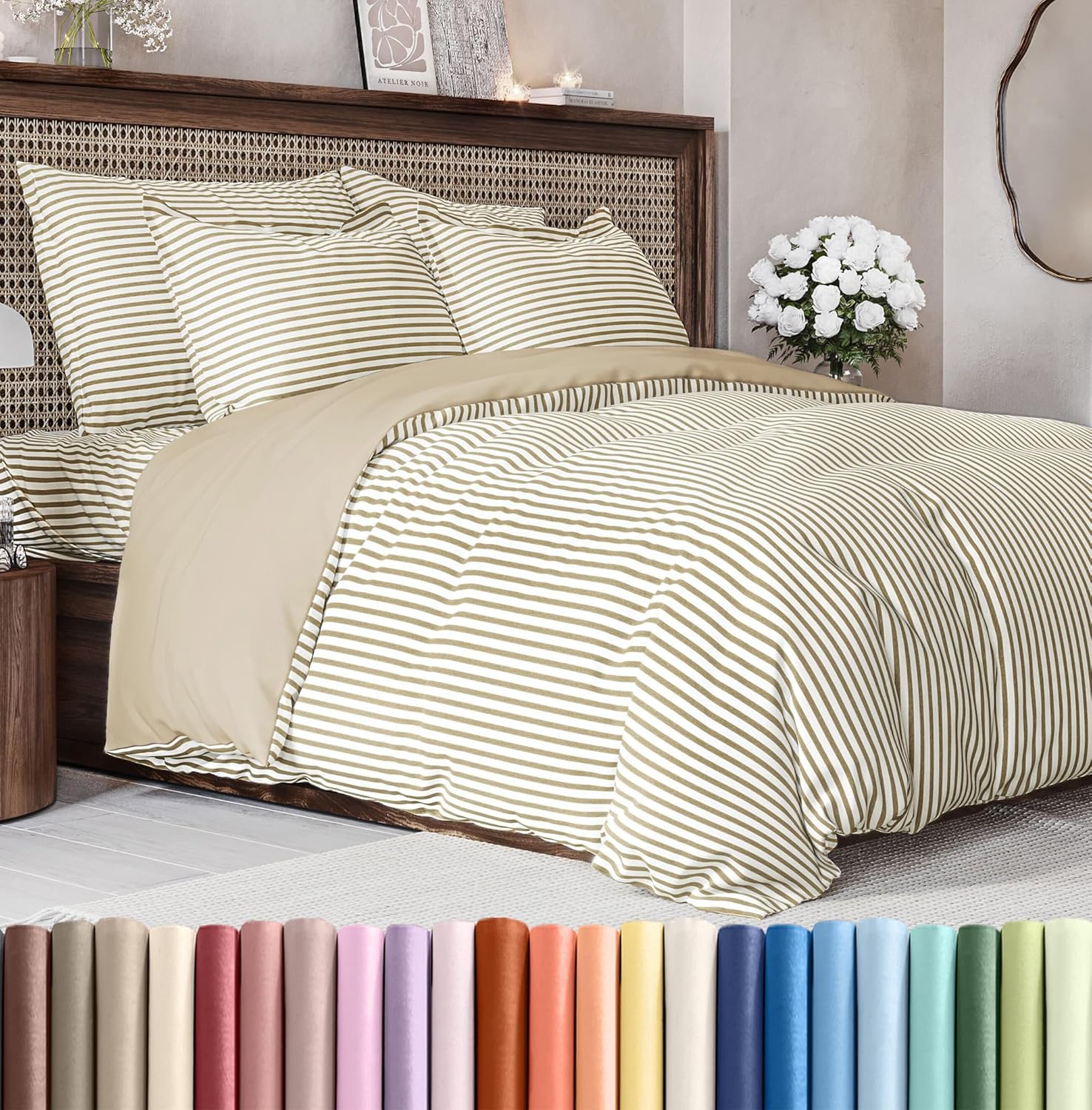 Duvet Cover Cal King Size Set - Extra Soft Cal King Duvet Cover 104" x 98" with 2 Pillow Shams - Hotel Luxury, Easy Care, Fade Free w/ Zipper Closures & Ties - Comfy, Cozy & Breathable (Beige Stripes)