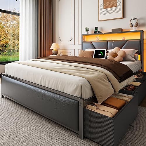 Full Size Bed Frame, 2-Tier Storage Headboard & 6 Drawers, PU Leather Upholstered Platform Bed Frame Full with Charging Station and LED Lights, No Box Spring Needed, Noise Free