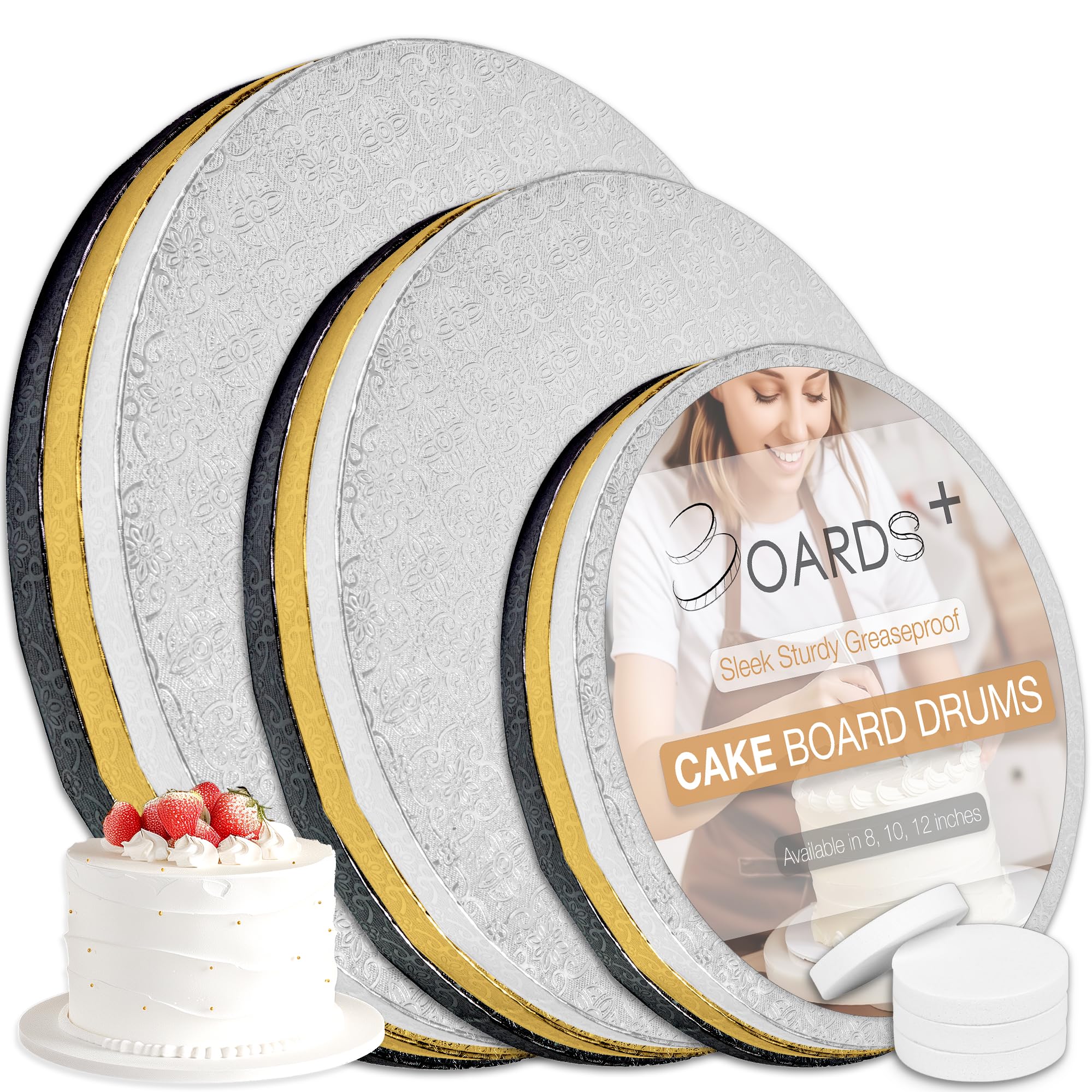 BOARDS+ 9 Pack Cake Drums - 8, 10 & 12 Inch Greaseproof Cake Boards With Prop Up Tools