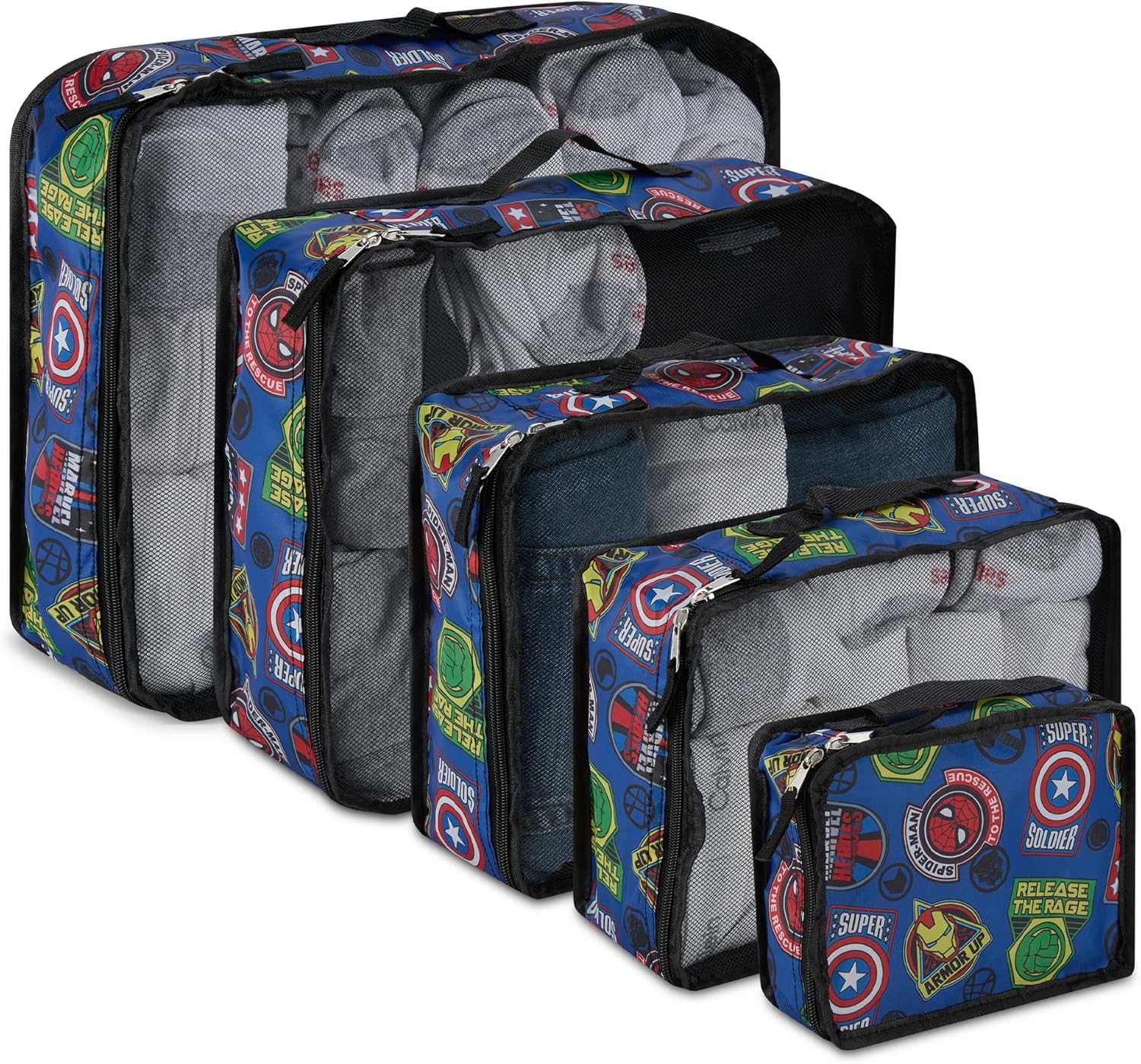 Marvel Comics 5-Piece Packing Cube Set – Spiderman, Ironman, Captain America – 5 Piece Packing Cubes Compression Travel Essential Accessories – Luggage Suitcase Organizer Set – For Kids, Adults Marvel Comics 5-Piece Packing Cube Set – Spiderman, Ironman, Captain America – 5 Piece Packing Cubes Compression Travel Essential Accessories – Luggage Suitcase Organizer Set – For Kids, Adults