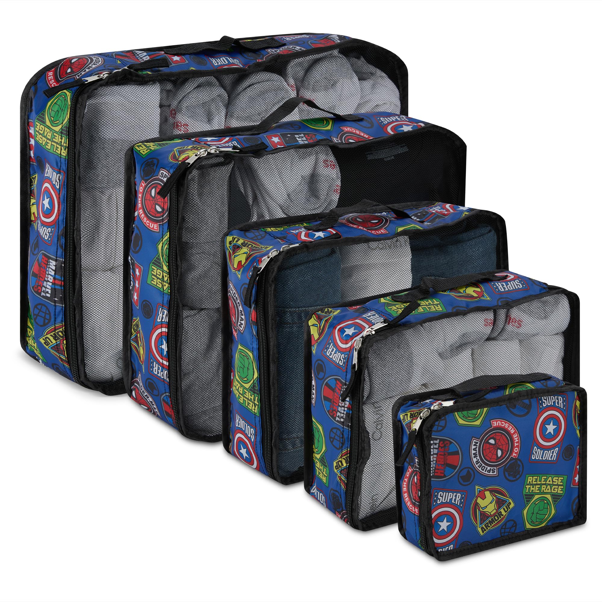 Marvel Comics 5-Piece Packing Cube Set - Spiderman, Ironman, Captain America - 5 Piece Packing Cubes Compression Travel Essential Accessories -