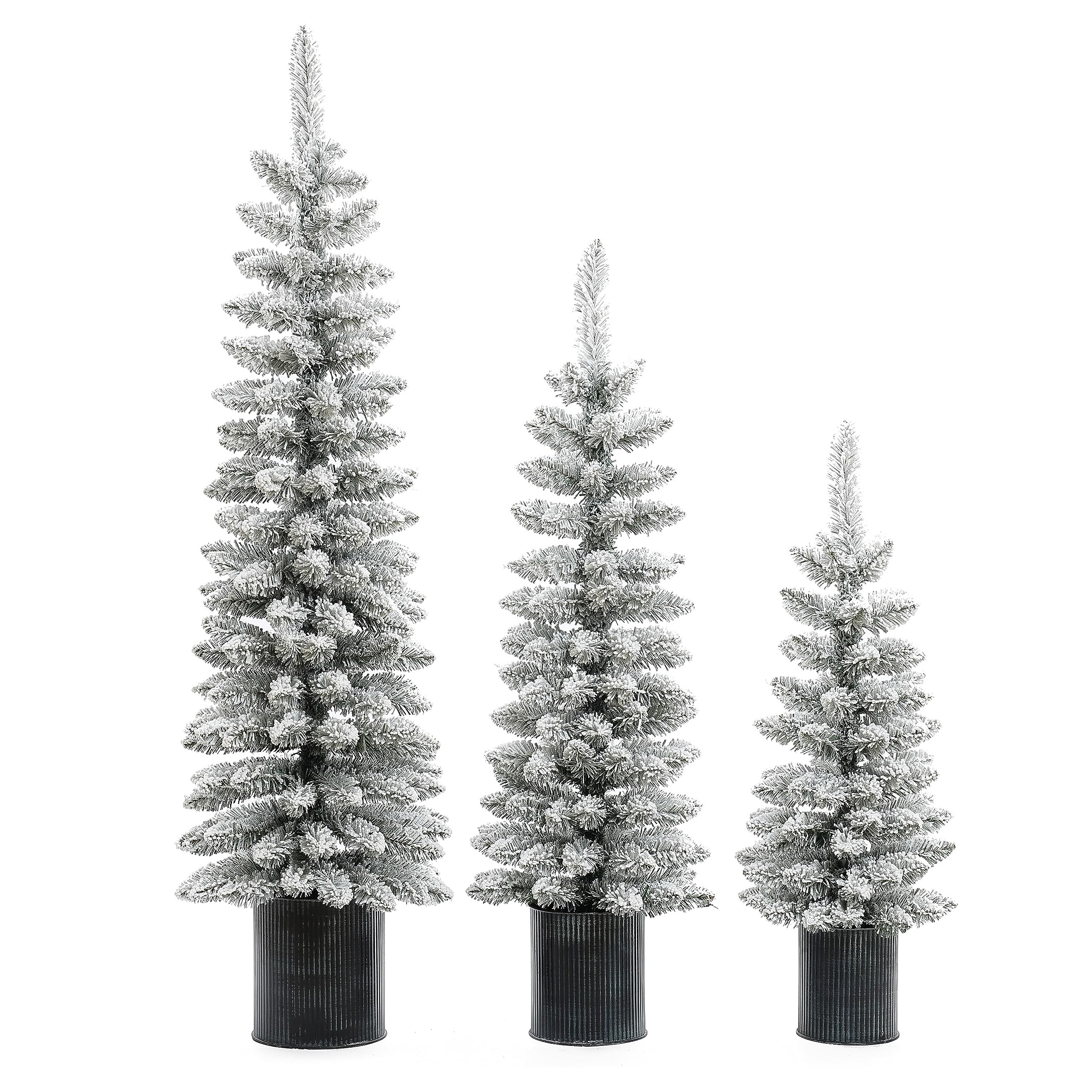 LuxenHome 3er Set Weihnachtsbäume, unbeleuchtete schneebeflockte Weihnachtsbäume mit Metalltöpfen, 3 Stück künstlicher Weihnachtsbaum Holiday Dector Indoor Xmas Decor, Kleiner Bleistift Weihnachtsbaum