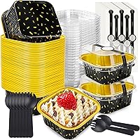 Vista 10 de 50 piezas de mini moldes cuadrados para hornear con tapas y cucharas, moldes mini de papel de aluminio para pasteles con tapas, ramekins