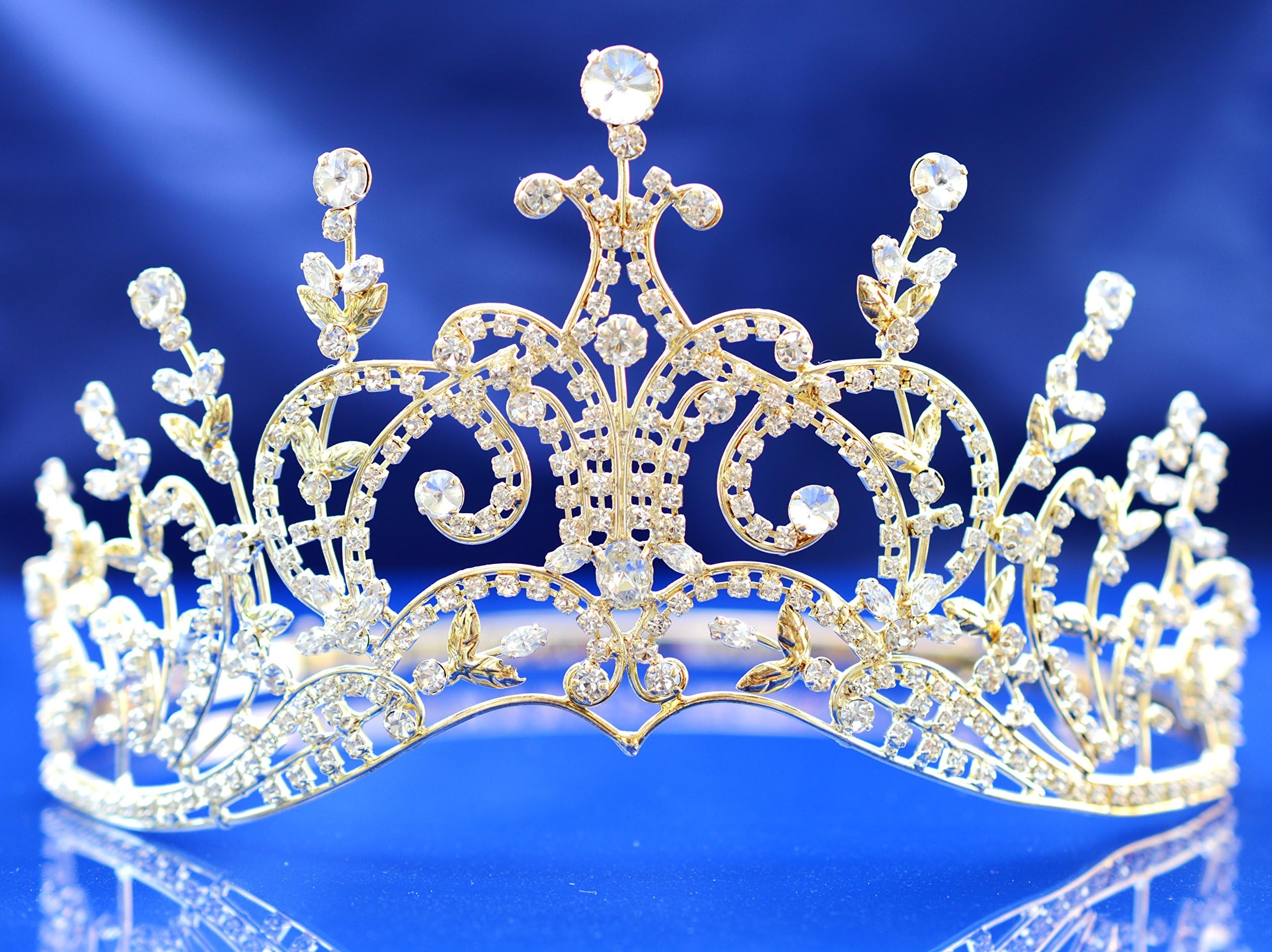 Pageant Bridal Wedding Rhinestone Crystal Tiara Crown - Gold Plated Clear Crystals 5256G