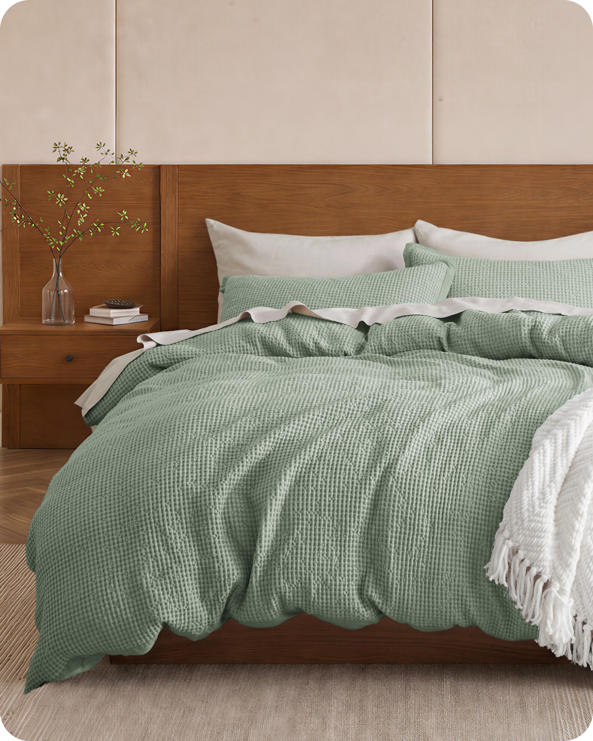 Bedsure PureWoven 3 Pieces 100% Cotton Waffle Weave Duvet Cover Set, King