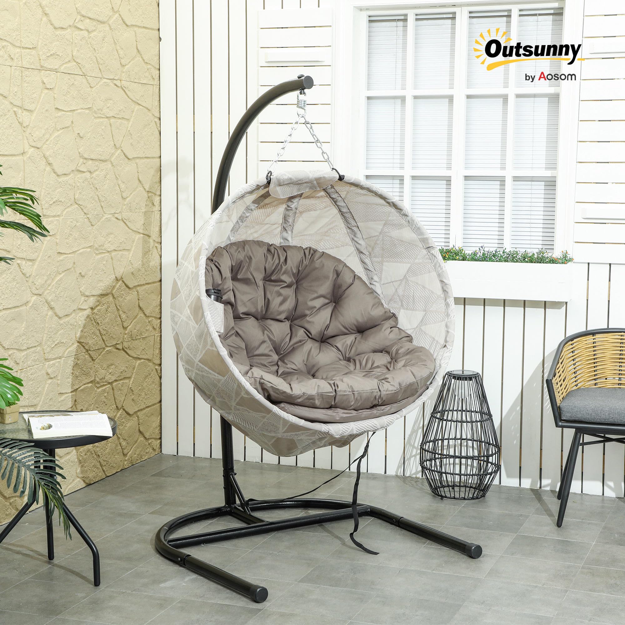 Outsunny Silla Colgante Huevo con Soporte Portavasos 120 kg Arena y Negro