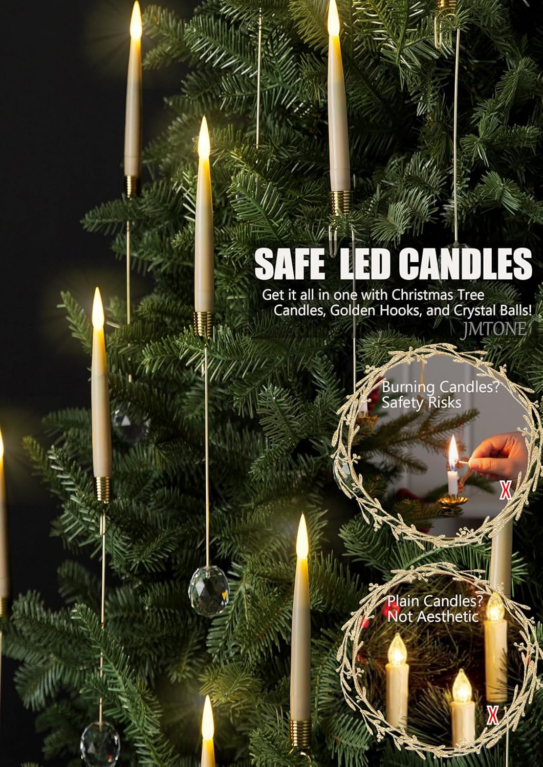 Christmas Tree Candles, 12 Pack Flameless Taper Candles for Christmas Tree Decor, Battery Operated with Remote Flickering LED Candles with Clear Crystal Ball Gold Hook for Xmas Gift Wedding Home Decor