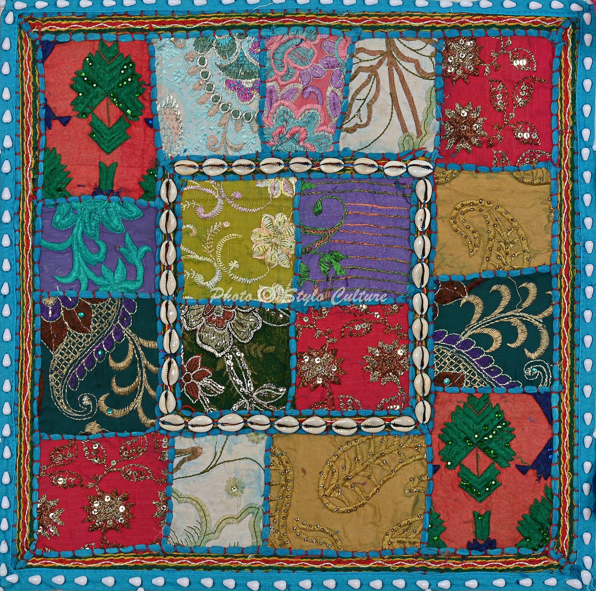 Ethnisch Dekorativ Baumwolle Couch Kissenbezüge 40x40 cm Türkis Dekokissen Gesticktes Patchwork Schlafzimmer Sofa Kissen Bezüge Blumen Quadrat Umschlagverschluss Kissenhullen - 4 STK.