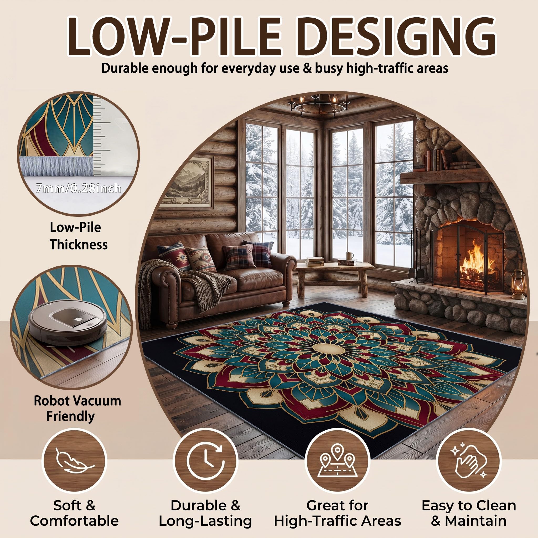 Générique Bohème Tapis de Salon Lavable en Machine 90 x 120 cm, Tapise antidérapant, Tapis de Chambre Style Luxe Fleurs Mandala pour Le Salon, l'entrée, la Chambre et la Cuisine, Noir