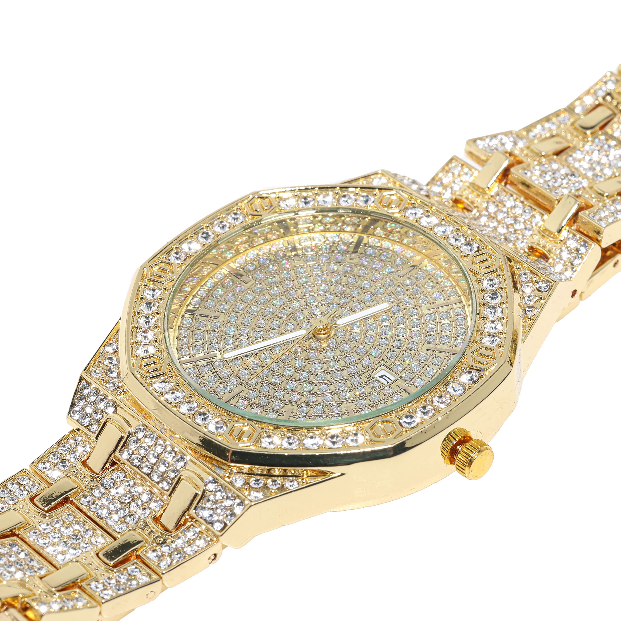 The Elite - Reloj de diamantes para hombre, chapado en oro real de 18 quilates, chapado en oro blanco platino y diamantes helados, esfera octogonal de 1.57 pulgadas de ancho, pulsera de 8.7 5