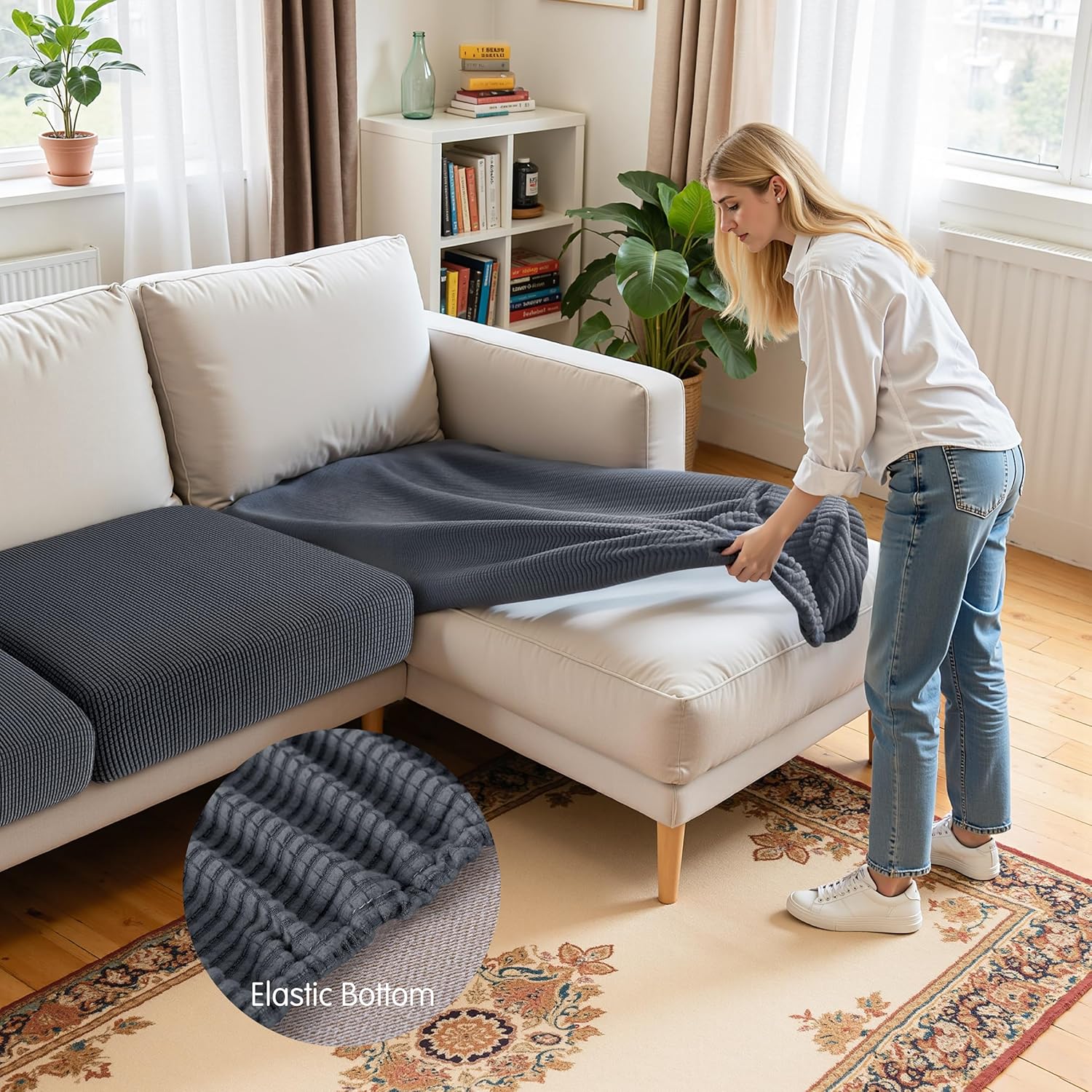 Hokway Chaise Cover Set Individual Couch Cushion Slipcovers Reversible Cushion Protector for L-Shape Sofa