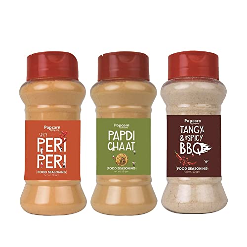 Image of Peri Peri, Papdi Chaat and Tangy Spicy BBQ Instant Seasoning Mix Combo Pack of 3 - Unique Blend of Spices and Herbs for carbs - 180gm By Popcorn & Company
