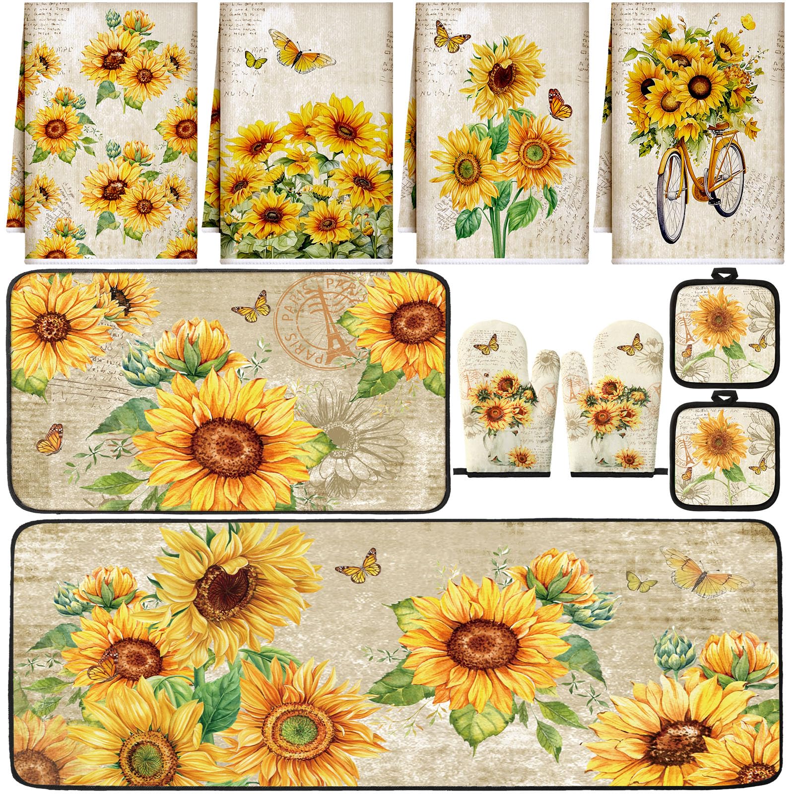 Fourluoo 10 Pcs Sunflower Kitchen Dish Towels Rugs Oven Mitts and Pot Holders Set Farmhouse Kitchen Decor Set for Women Mom Daughter Gift Cooking