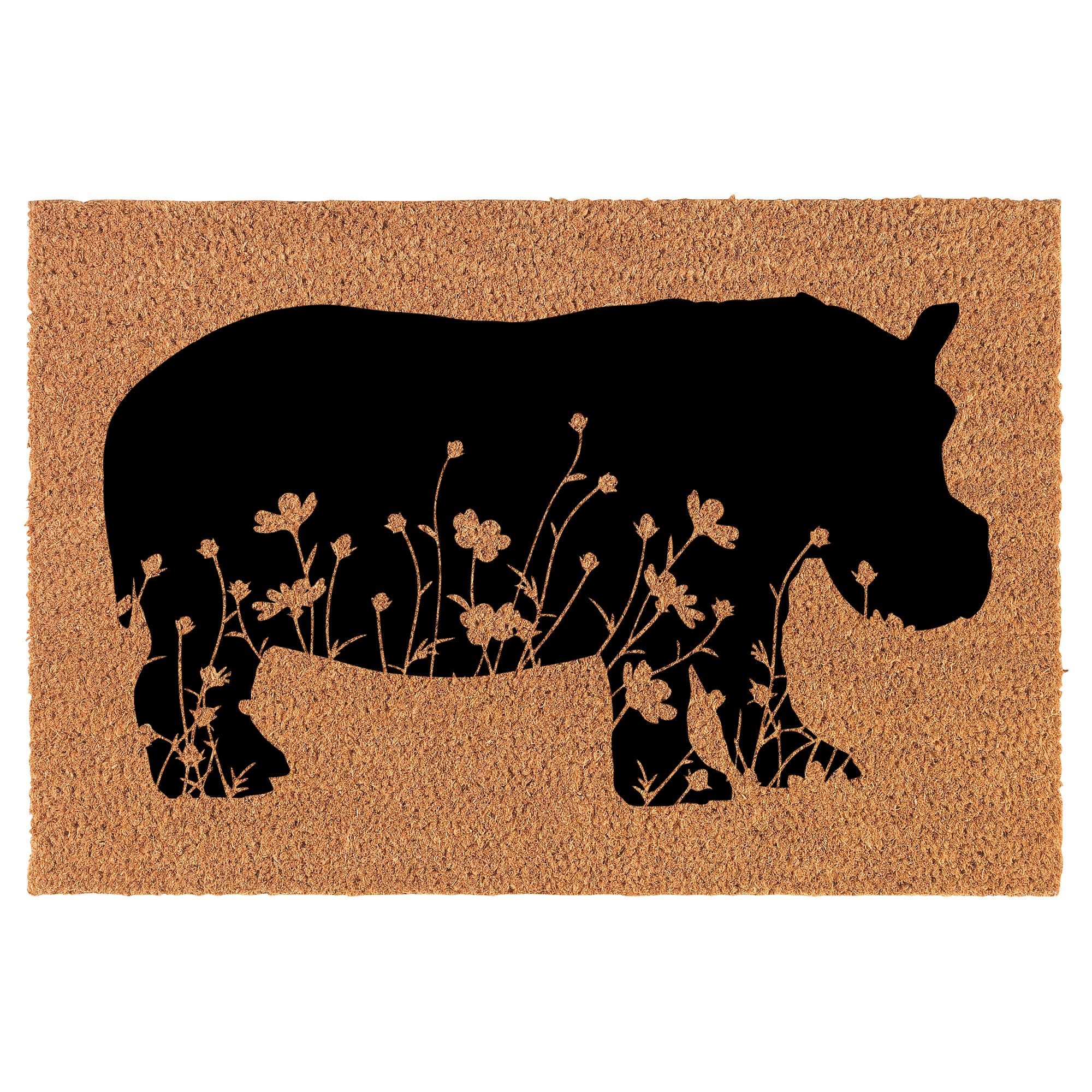 TiOPLM Welcome Doormat Coco Coir Door Mat Gift Floral Hippo Hippopotamus (24" x 16")