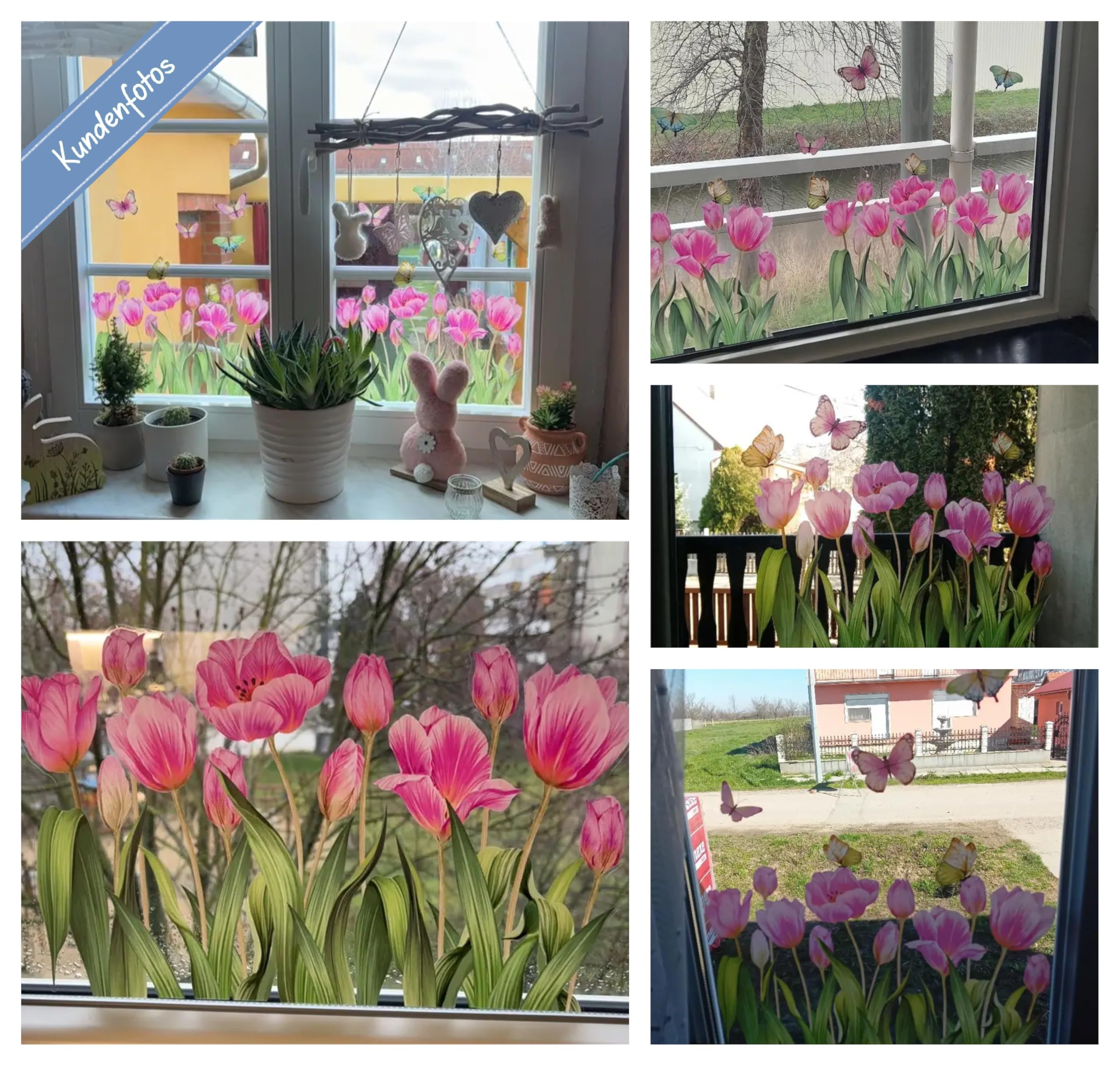 WandSticker4U®- Pegatinas ventanas primavera flores TULIPANES rosa (58x45 cm) I Vinilo ventanas flores mariposas I Decoración ventana salón dormitorio infantil cocina baño verano (no adhesivo)