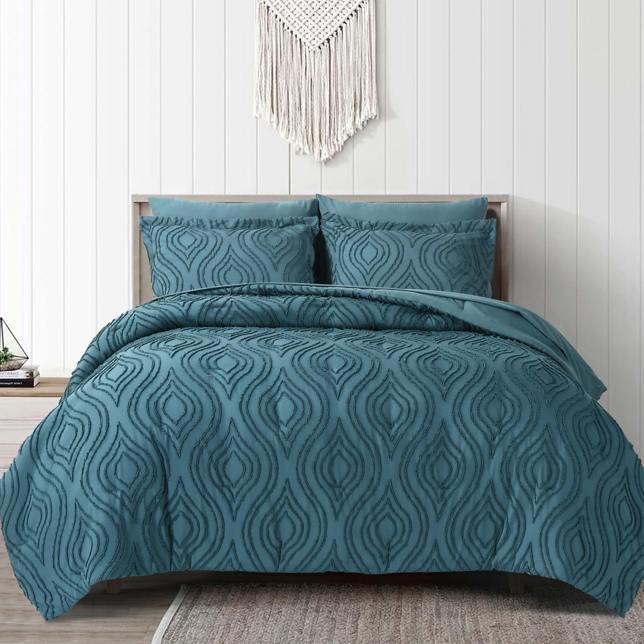 HIG Boho Chic Tufted Comforter Set with Sheet Set, 7 Pieces Modern Farmhouse Textured Bed in A Bag with Unique Pattern, Luxurious Elegant Bedding Set for Home Decor, Teal, Queen (Lydia)