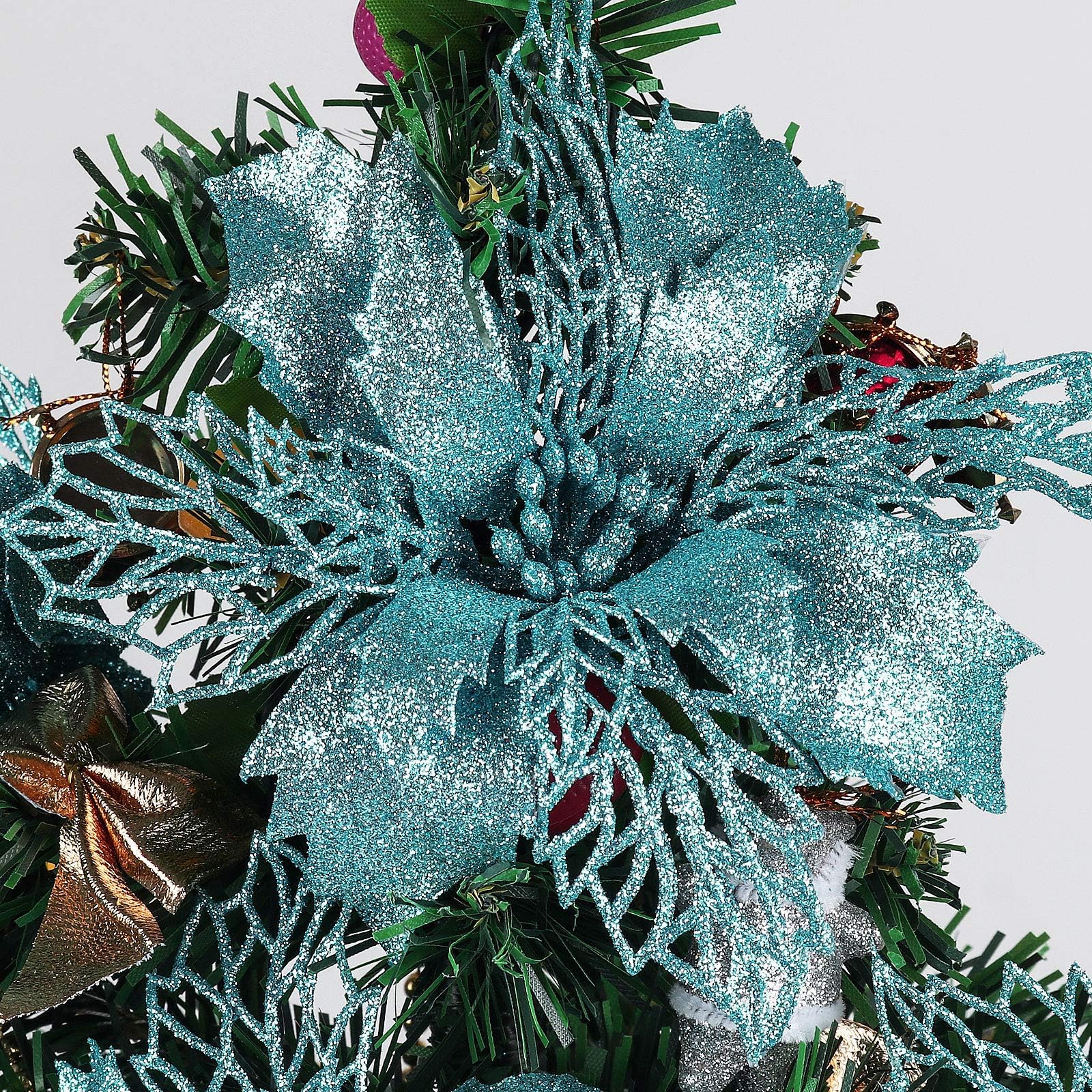 RECUTMSPack of 10 Glitter Poinsettia Christmas Flowers Decorations Christmas Tree Ornaments,Artificial Wedding Christmas Flowers Wreaths Wedding Ornaments 6"(16cm) Diameter(Blue)