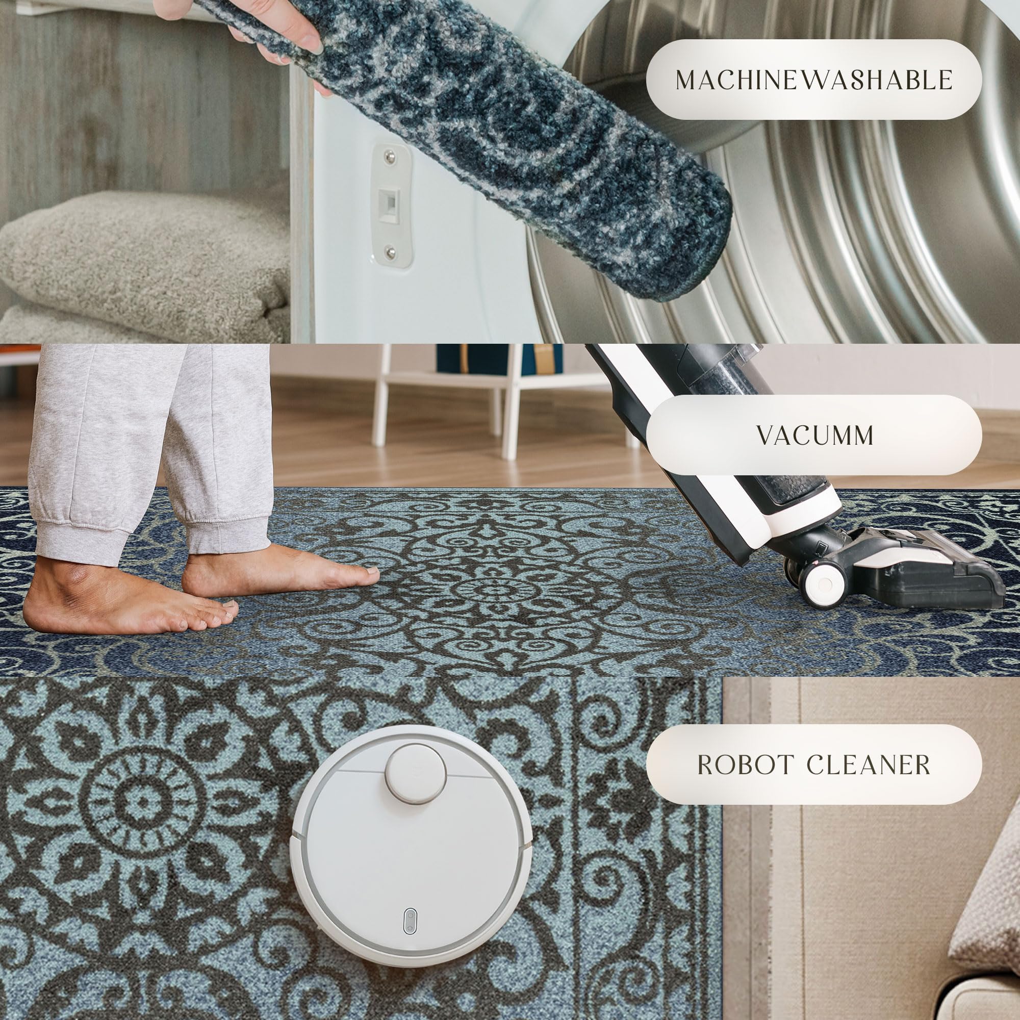 Maples Rugs Pelham Vintage Medallion Area Rugs - Made in USA - Low Pile, Non Slip, Pet-Friendly Mat for Bedroom, Office, Living & Dining Room, 5' x 7', Wineberry: Navy/Grey 1'8" x 5' (Oblong)