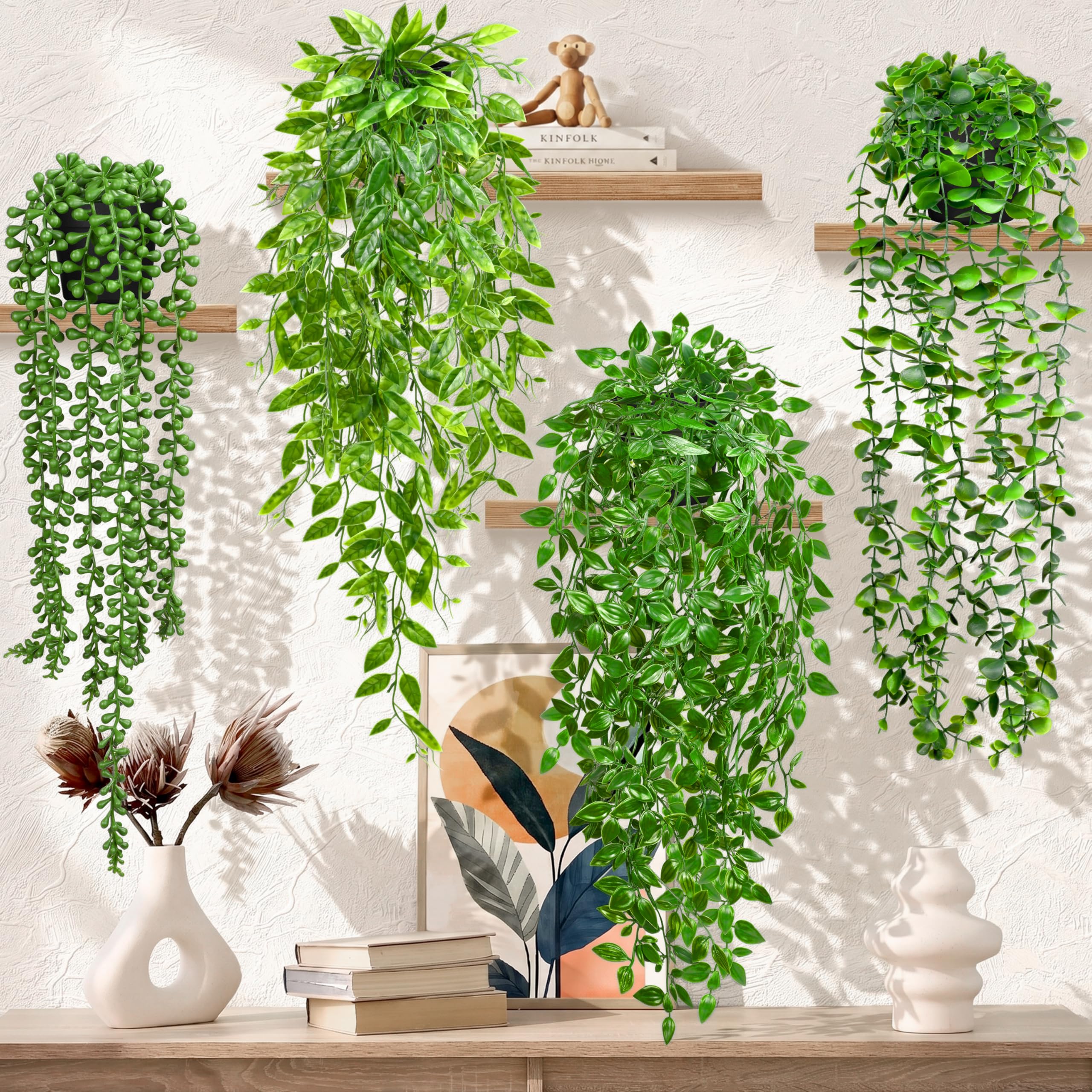 Amazon.com: Palonu 4 Pack Faux Artificial Hanging Plants, UV Resistant Fake  Potted Greenery with Eucalyptus Vine, Mandala, Pea Pod Leaves & String of  Pearls in Pots for Living Room Bathroom Indoor Outdoor