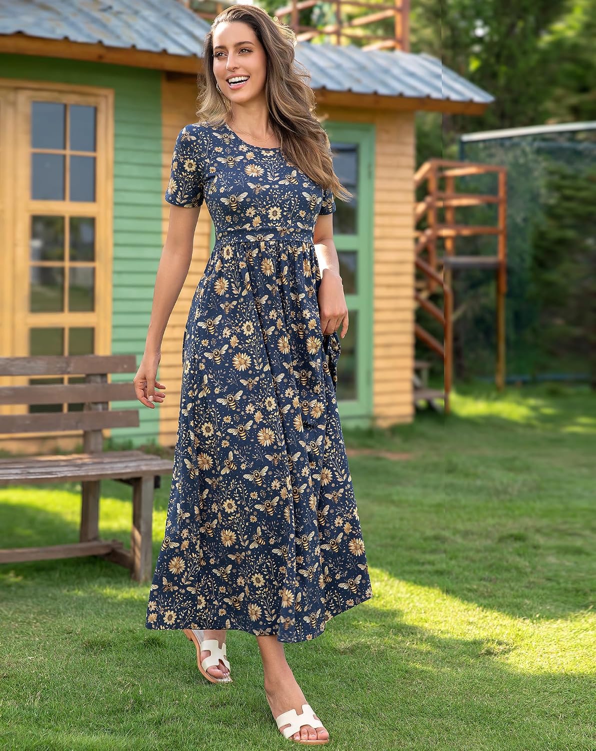 Women's Cotton Nursing Dresses Breastfeeding Maxi Breastfeeding Dress with Pockets