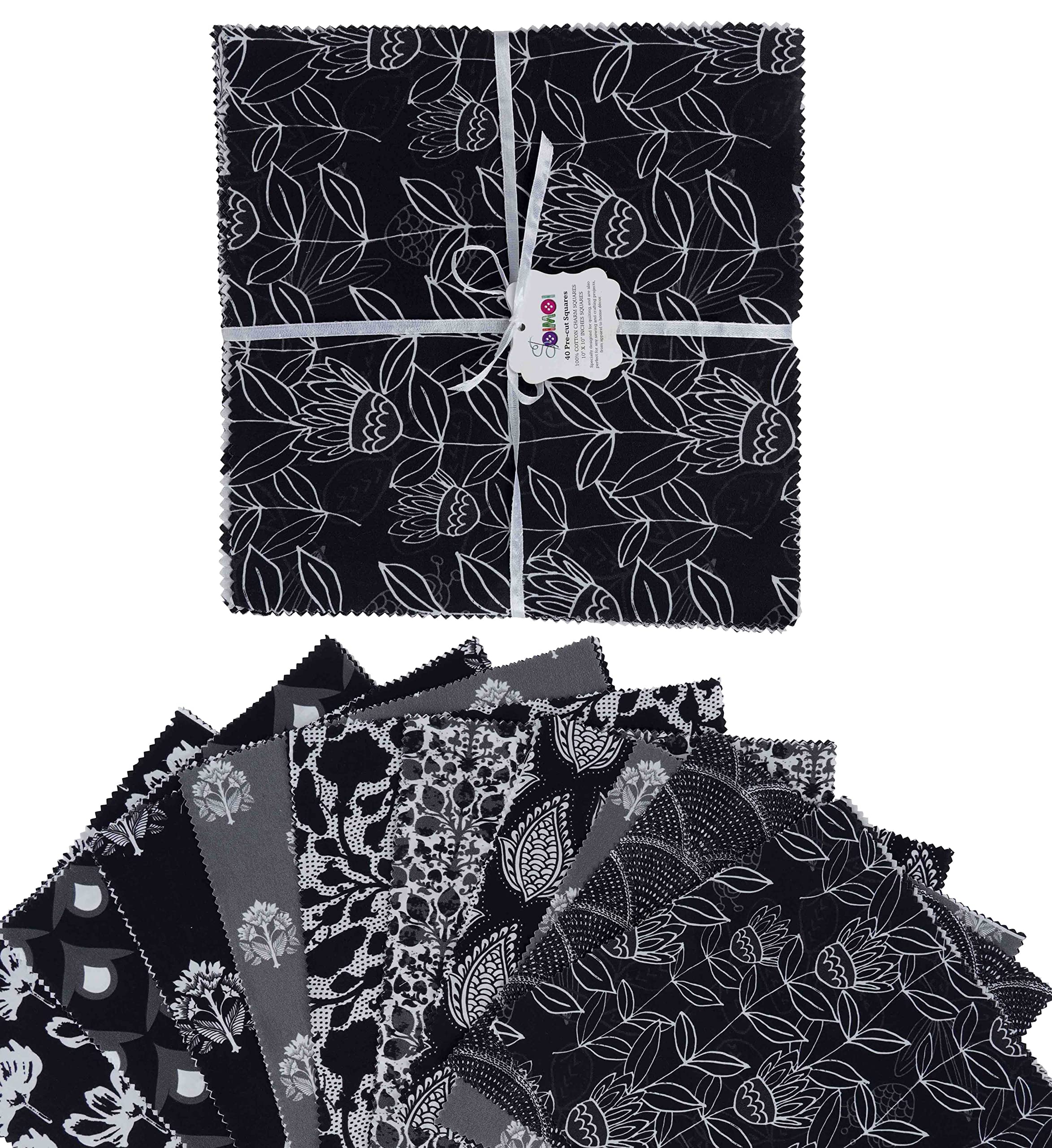 SoimoiPrecut 10-inch Block Prints Cotton Fabric Bundle Quilting Squares Charm Pack DIY Patchwork Sewing Craft- Black & Gray