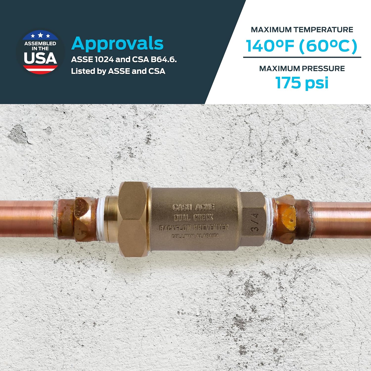 Cash Acme 3/4 Inch BF1 Dual Check Valve with Female Unions, Brass Plumbing Fitting, BF13434