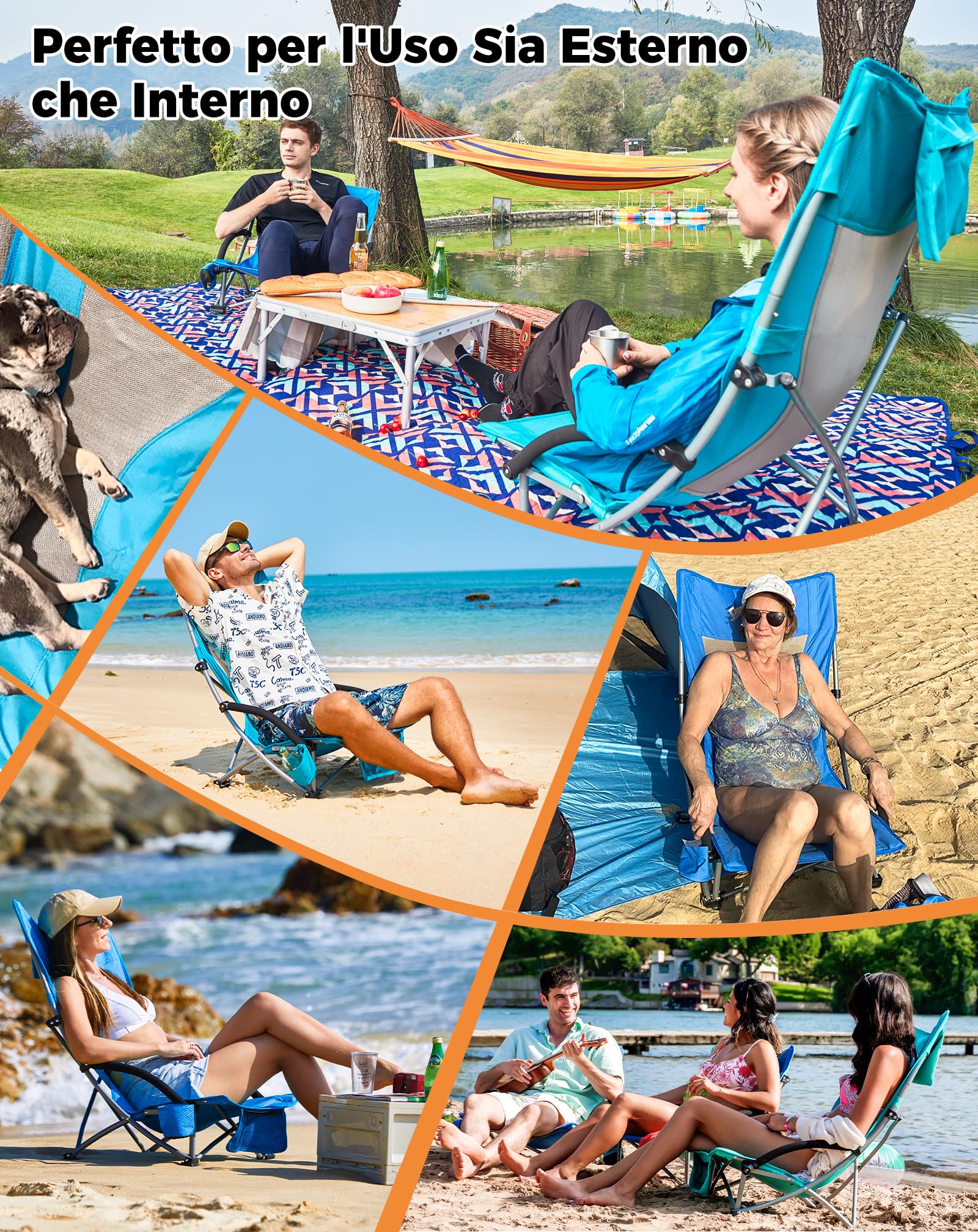 KingCamp Set di 2 Sedie da Spiaggia Pieghevoli Portata 180kg Cuscino Imbottibile Ciano