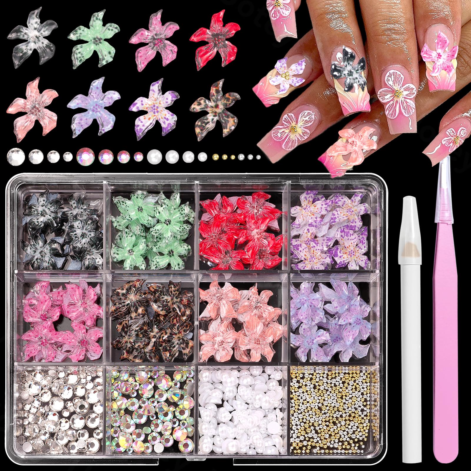 Flower Nail Art Charms, 3D Hawaii Flowers Nail Charms and Rhinestones Hibiscus Floral Flower for Nails Half Nail Pearls and Caviar Beads, Spring