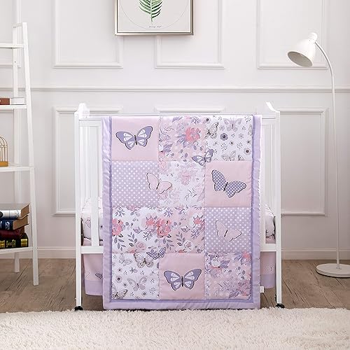 Miniatura 10 de La Premura Butterfly Baby Nursery Crib Bedding Set for Girls  Butterfly 3 Piece Standard Size Crib Bedding Sets in Pastel Pink and Purple