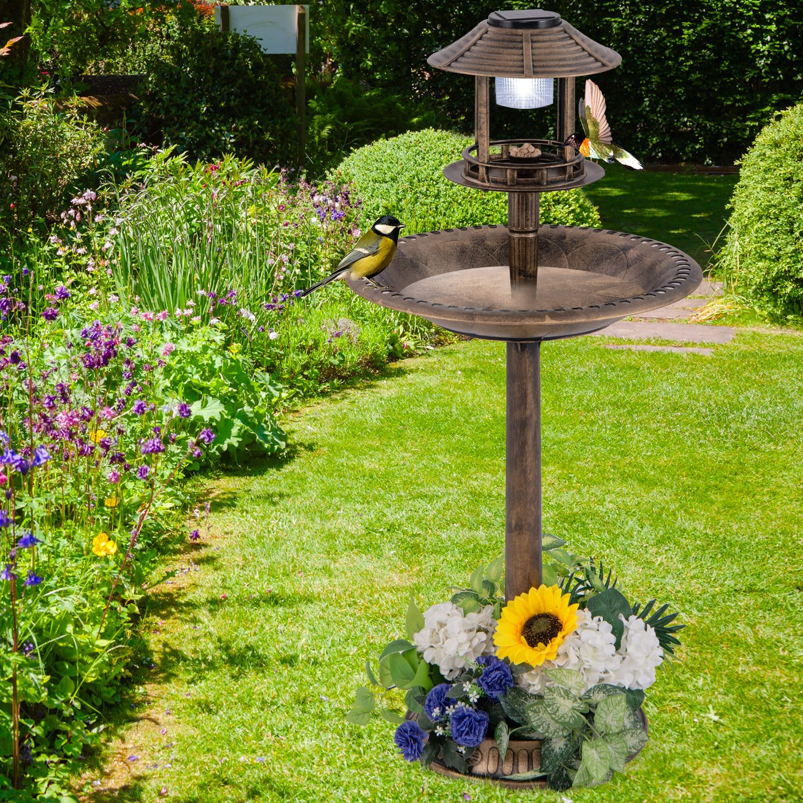 GYMAX Vogeltränke stehend mit Solarleuchte, Vogelbad Garten mit Blumenkübel & befüllbarem Ständer, Wasserschale Vögel, Futterstation für Balkon & Garten, Nr. 1 Antikbronze