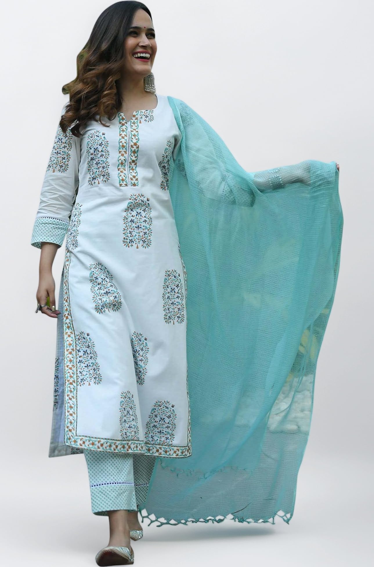 KLOSIA Women Pure Cotton Printed Straight Kurta with Pant & Dupatta Suit