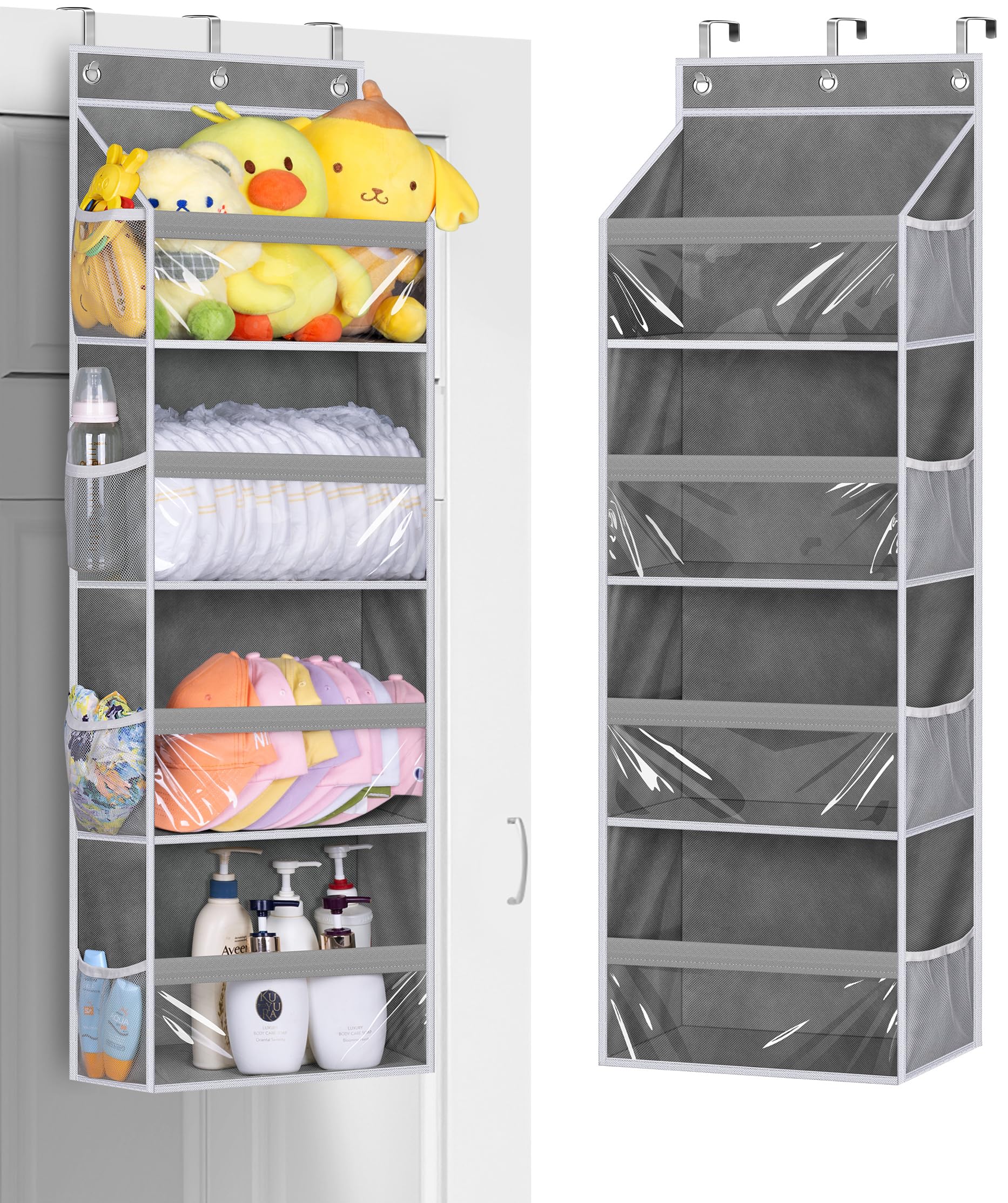 MISSLO Over Door Storage Organiser 4 Pockets Fabric Hanging Organizer with PVC Windows and 8 Side Pockets for Bathroom, Bedroom, Pantry, Nursery, RV (Grey)