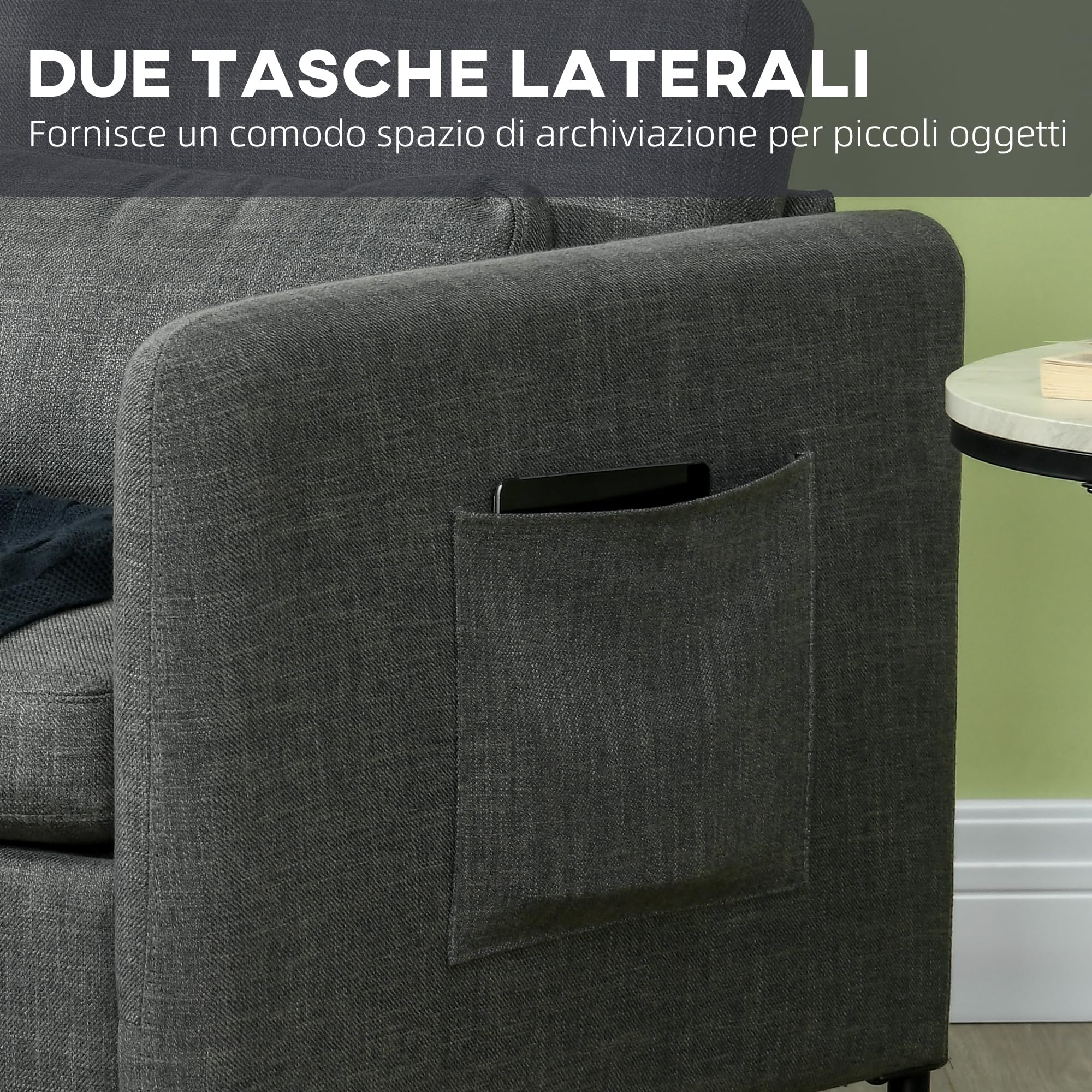 HOMCOM Poltroncina Moderna in Tessuto Effetto Lino con Gambe in Acciaio e Tasche Laterali, 73x73x80cm, Grigio