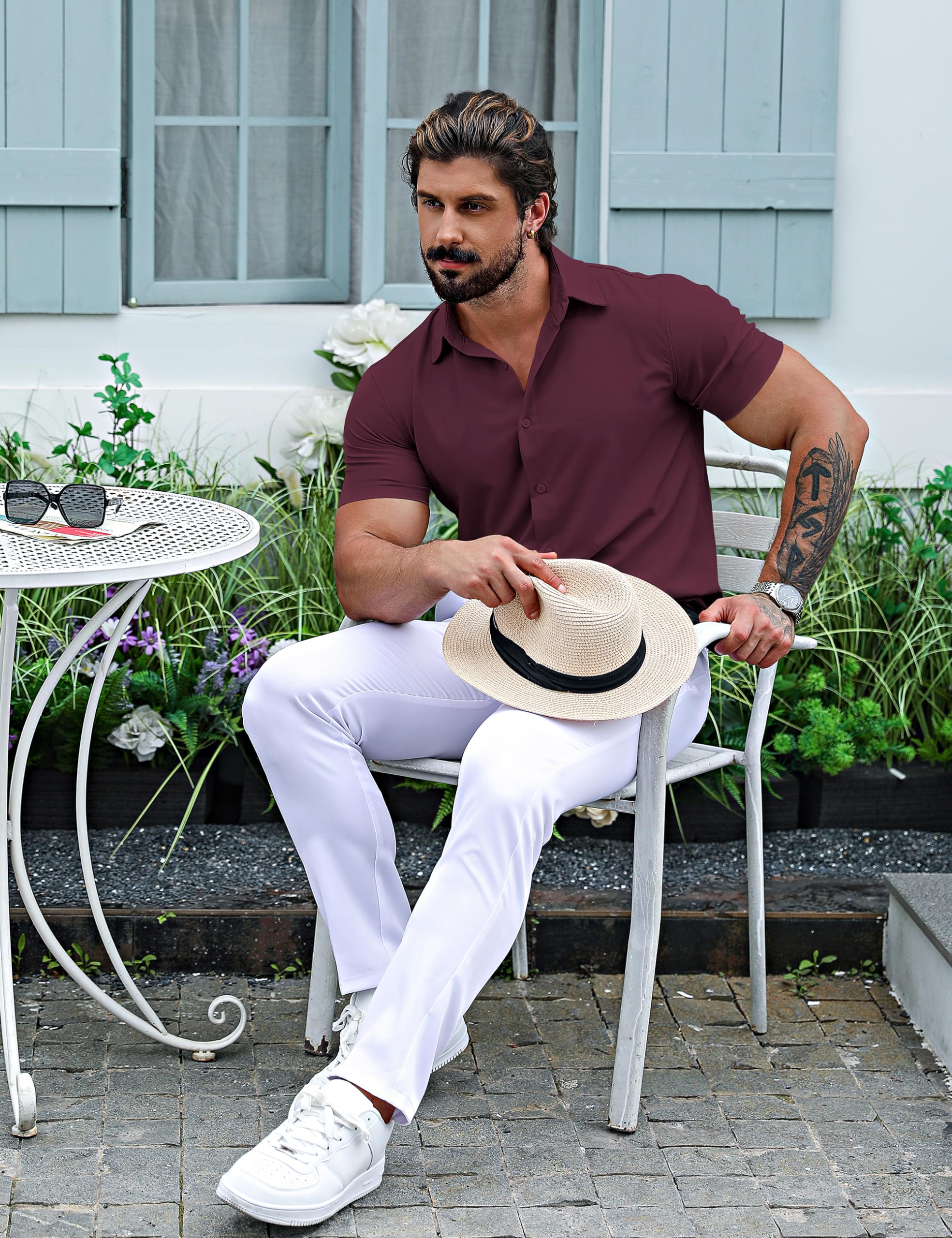 URRU Camisas de Vestir musculares para Hombre, Ajustadas, elásticas, de Manga Corta, Casuales, con Botones, para Hombre, Manga Corta-Vino Rojo, Medium