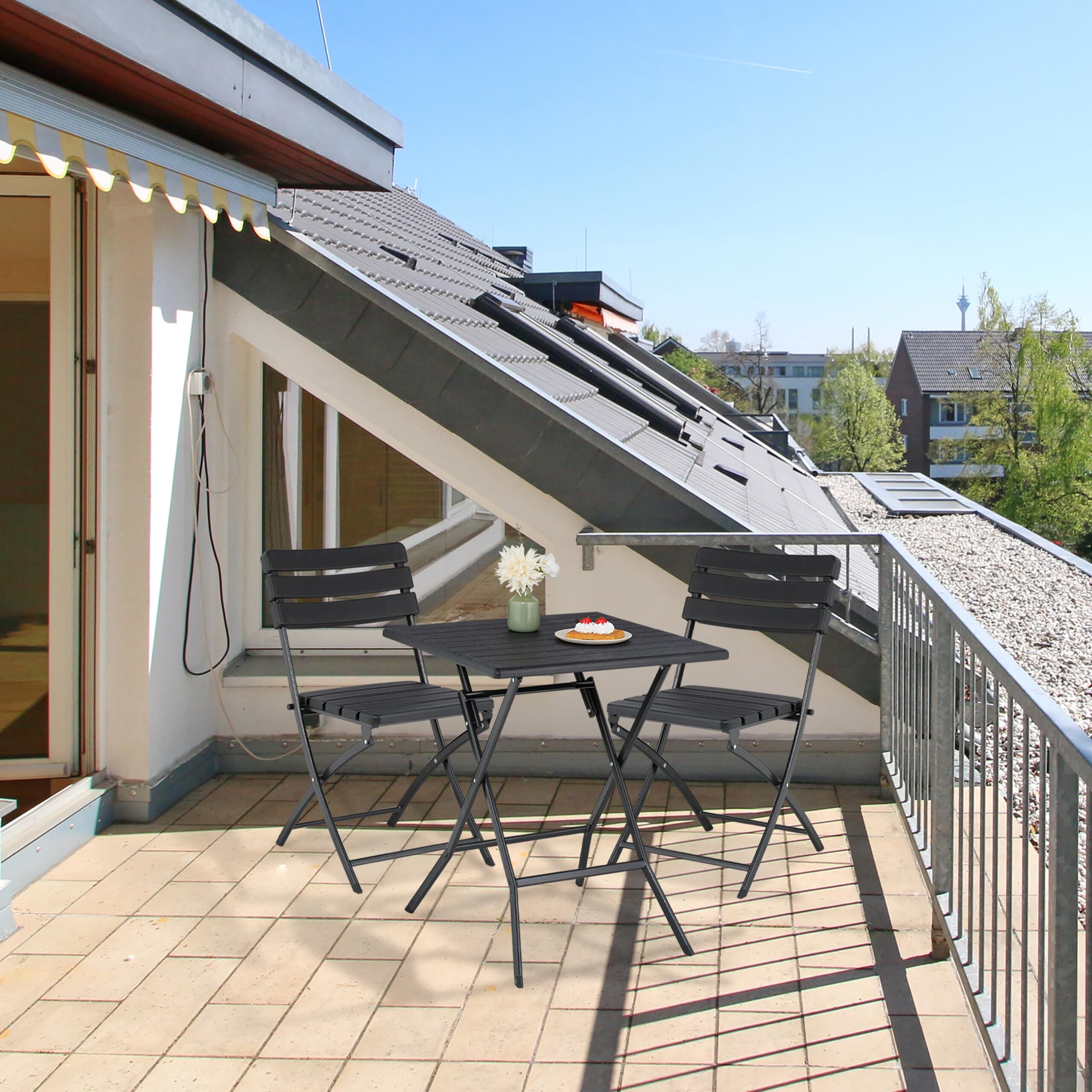 Relaxdays Table Pliante et 2 chaises pour Balcon, Aspect Bois, Acier et Plastique, Meubles terrasse, Noires