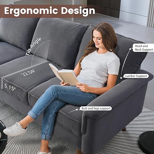 Miniatura 3 de ovios Moderno sofá de pana con cojín de nube, cómodo sofá de 3 plazas con asiento profundo, cómodos sofás pequeños para espacios pequeños, sala de