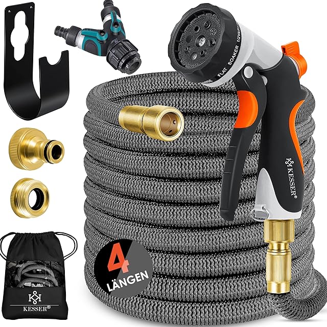 KESSER KESSER® flexibler Gartenschlauch 15 m, dehnbarer Flexischlauch, Wasserschlauch mit 3-fach Latexkern, 8 Modi Sprühpistole, Messing Anschlüsse + Wandhalterung, 1/2" & 3/4" Adapter & Tasche, Anthrazit — Schläuche