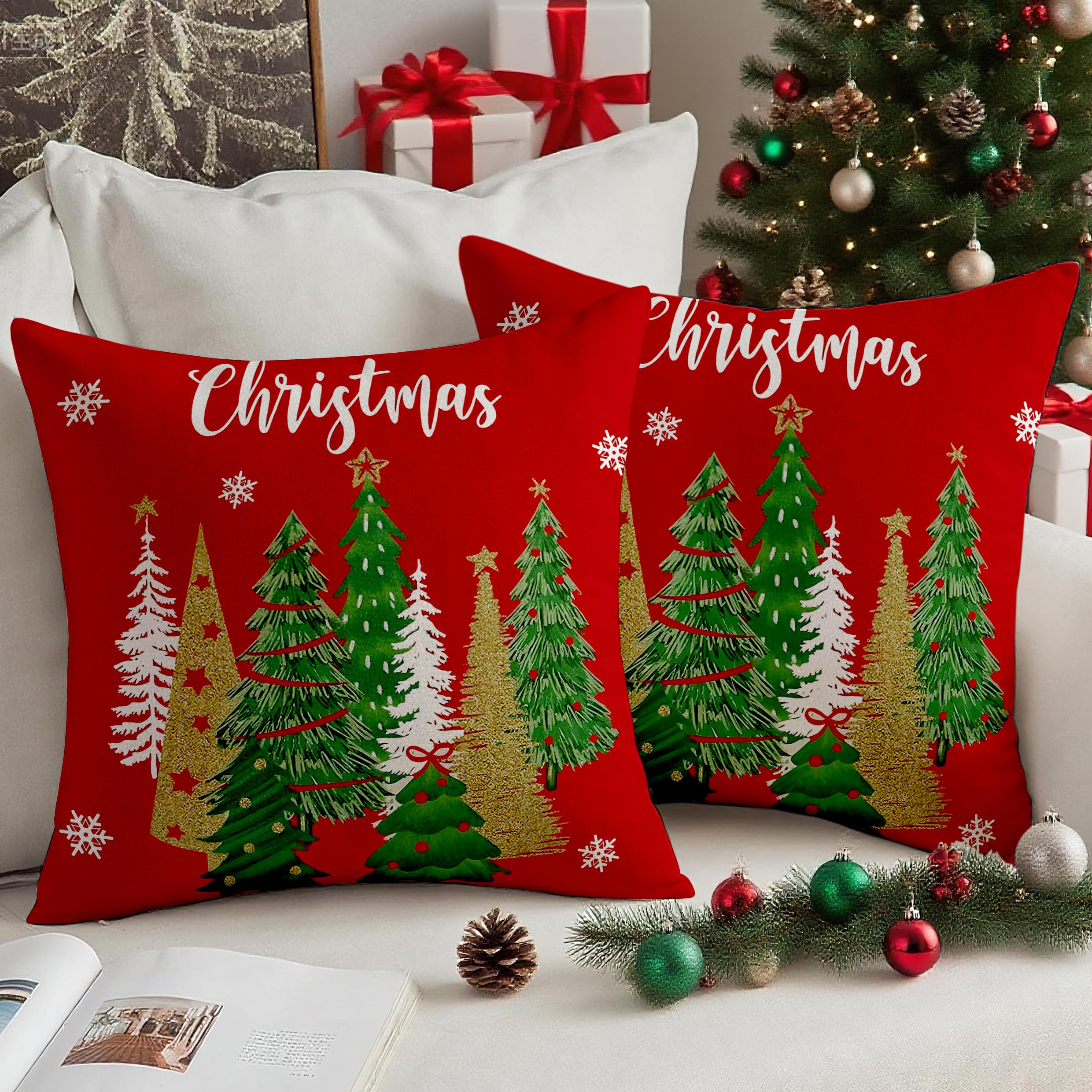4er Set Weihnachtskissenbezüge 40x40 Cm – Mit Goldfarbenen Weihnachtsbäumen, Weicher Plüsch Für Sofa & Couch